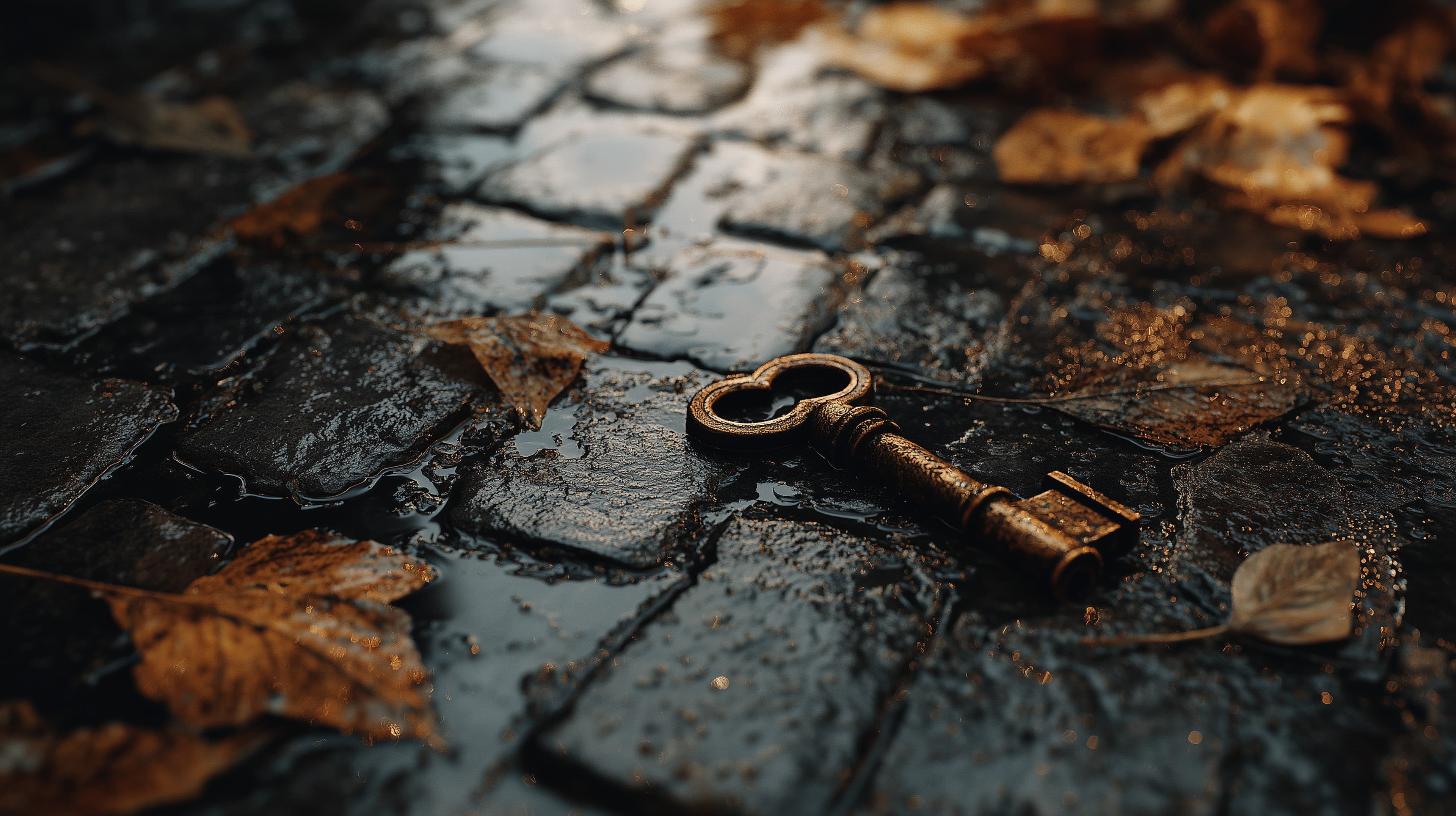 Antique key on rain-soaked cobblestones at night wallpaper - High Resolution key Wallpaper for Mobile and Desktop