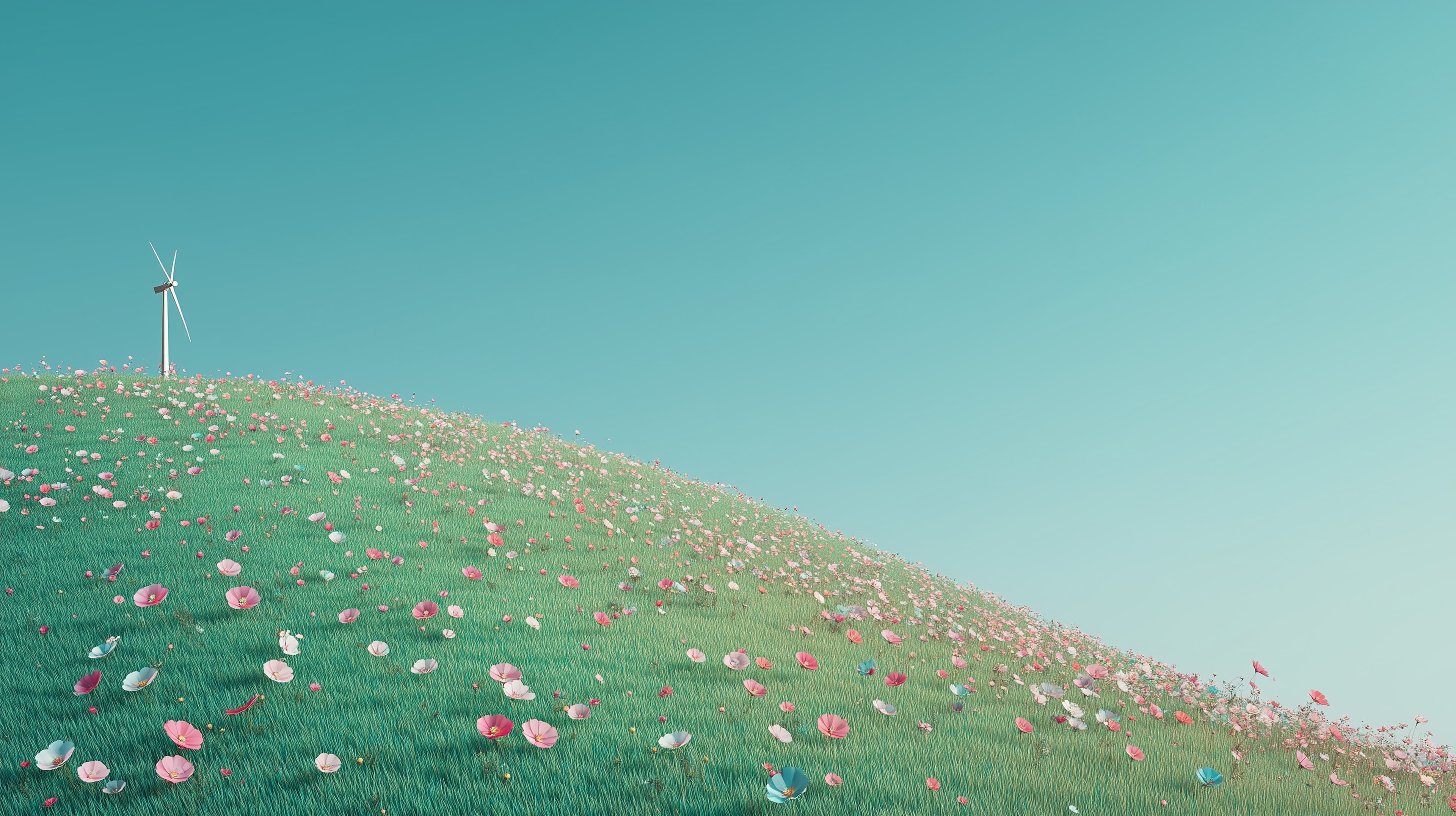 Tranquil Hilltop Field with Wind Turbine and Flowers - High Resolution blue-sky Wallpaper for Mobile and Desktop