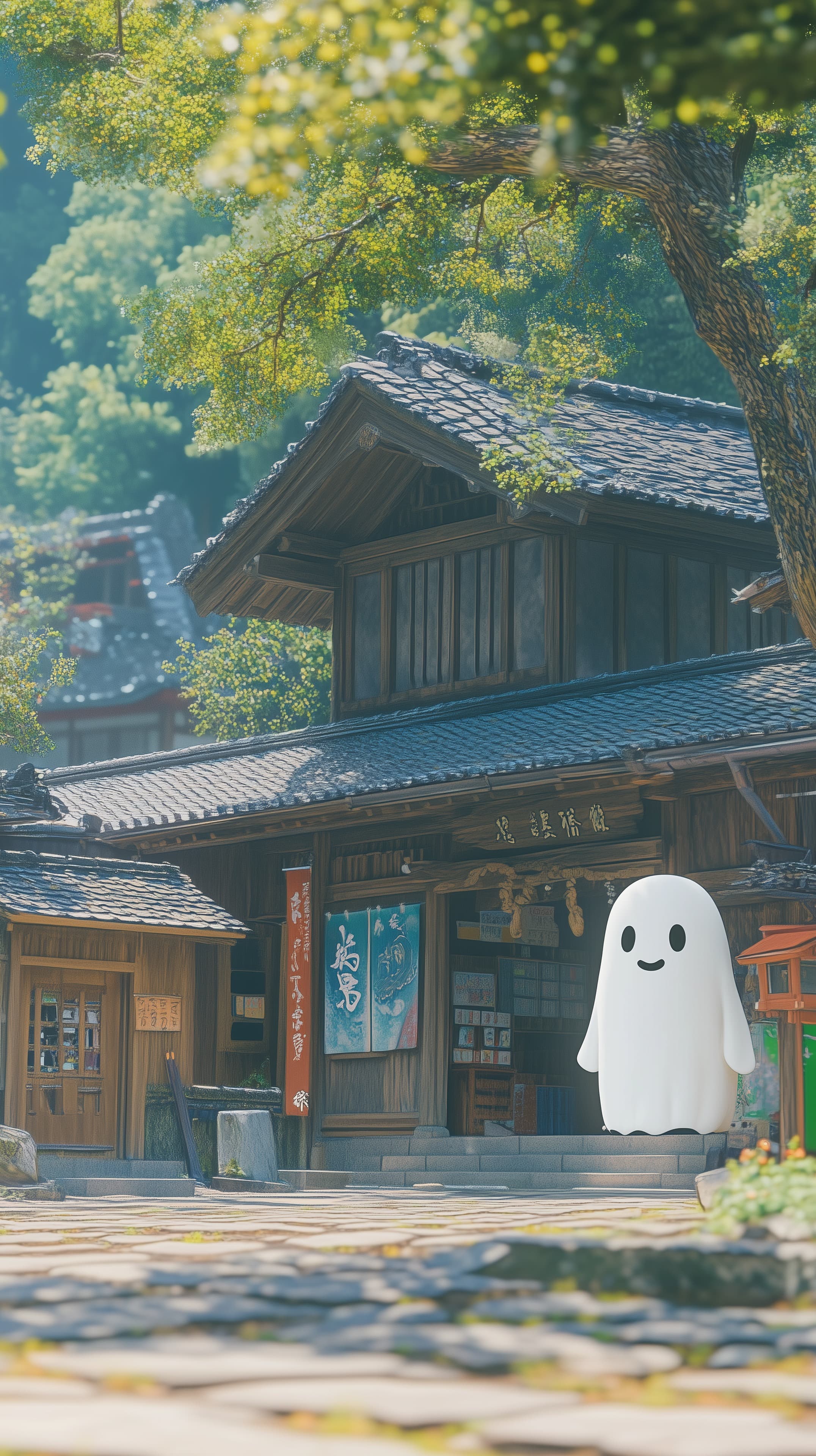 Tranquil wooden village street with friendly ghost illustration - High Resolution artistic-illustration Wallpaper for Mobile and Desktop