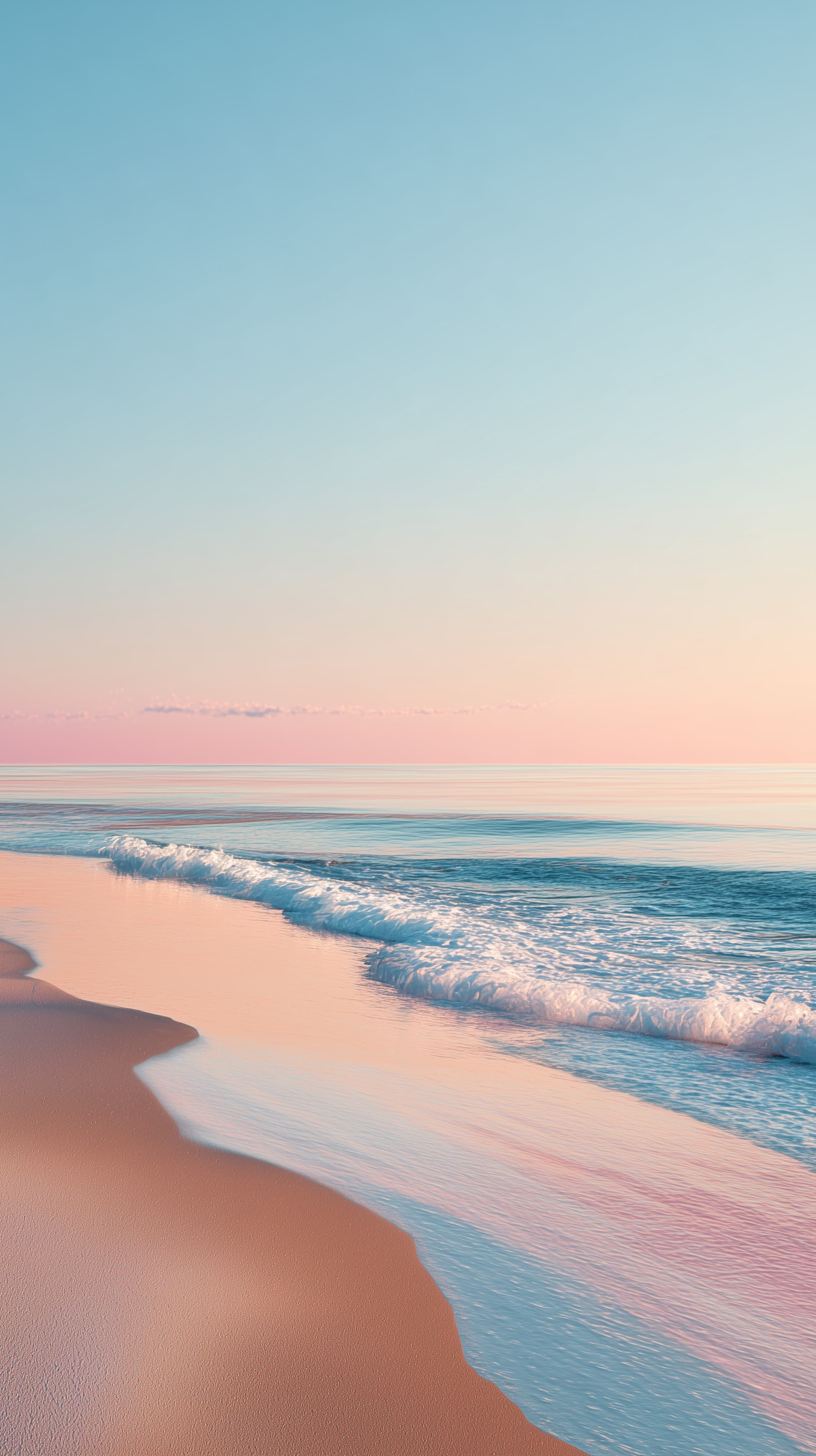 Pastel Beach Sunrise with Gentle Waves — Tranquil Seascape - High Resolution beach Wallpaper for Mobile and Desktop