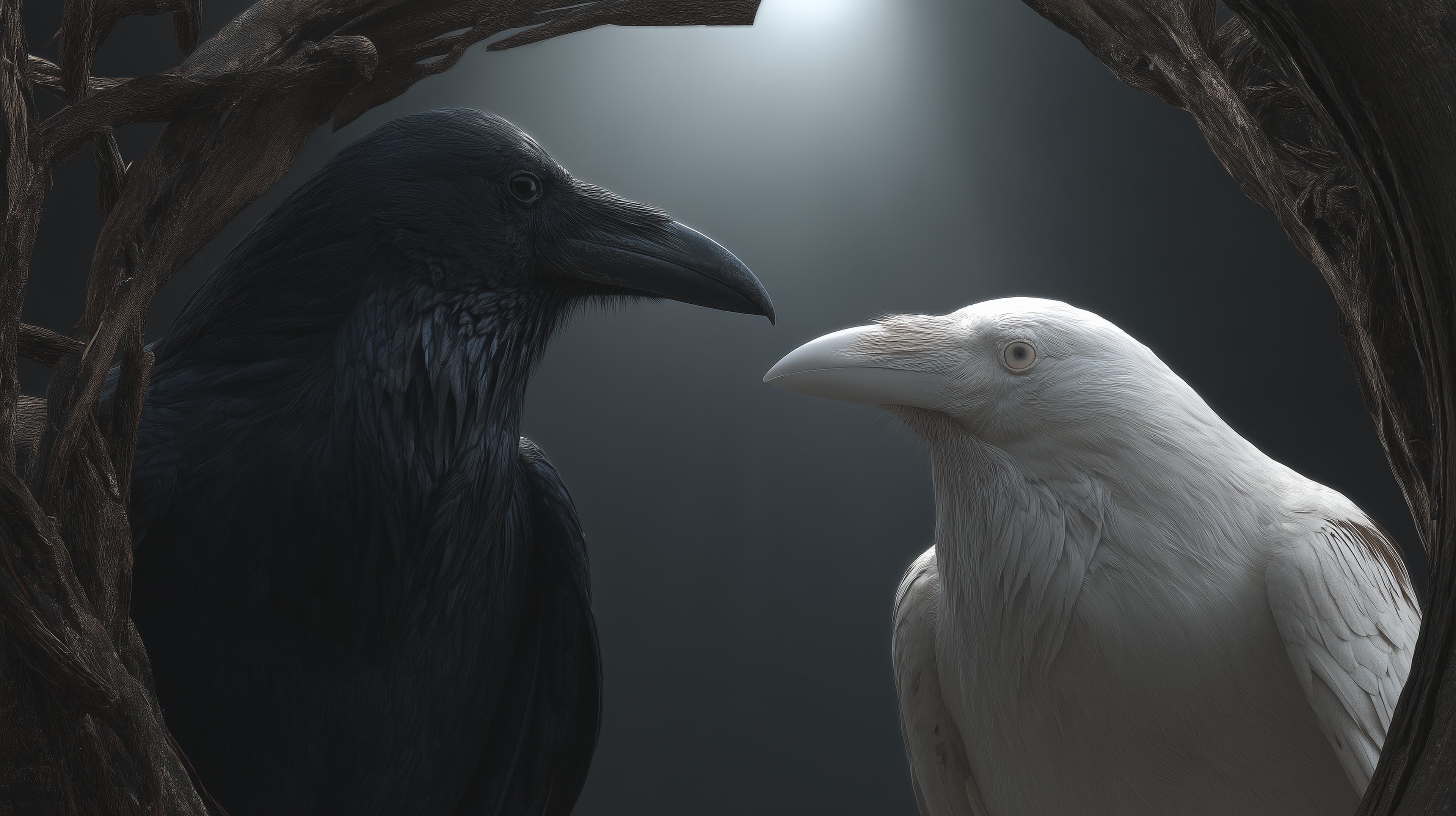 Moonlit Duel of Ravens: Dark vs White Birds in a Framed Scene - High Resolution ravens Wallpaper for Mobile and Desktop