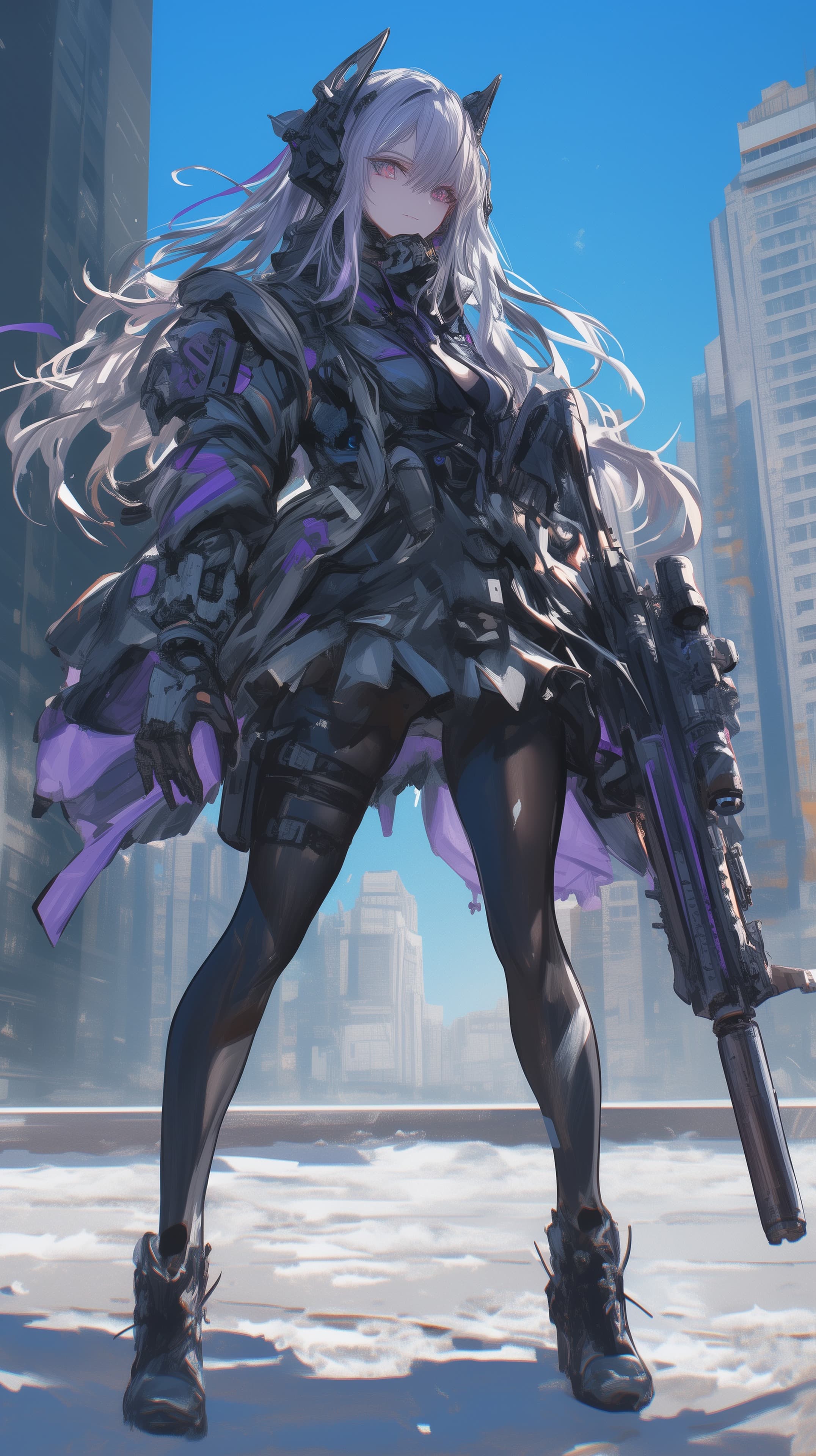 Futuristic Female Warrior in Neon City Armor Illustration - High Resolution anime-style Wallpaper for Mobile and Desktop