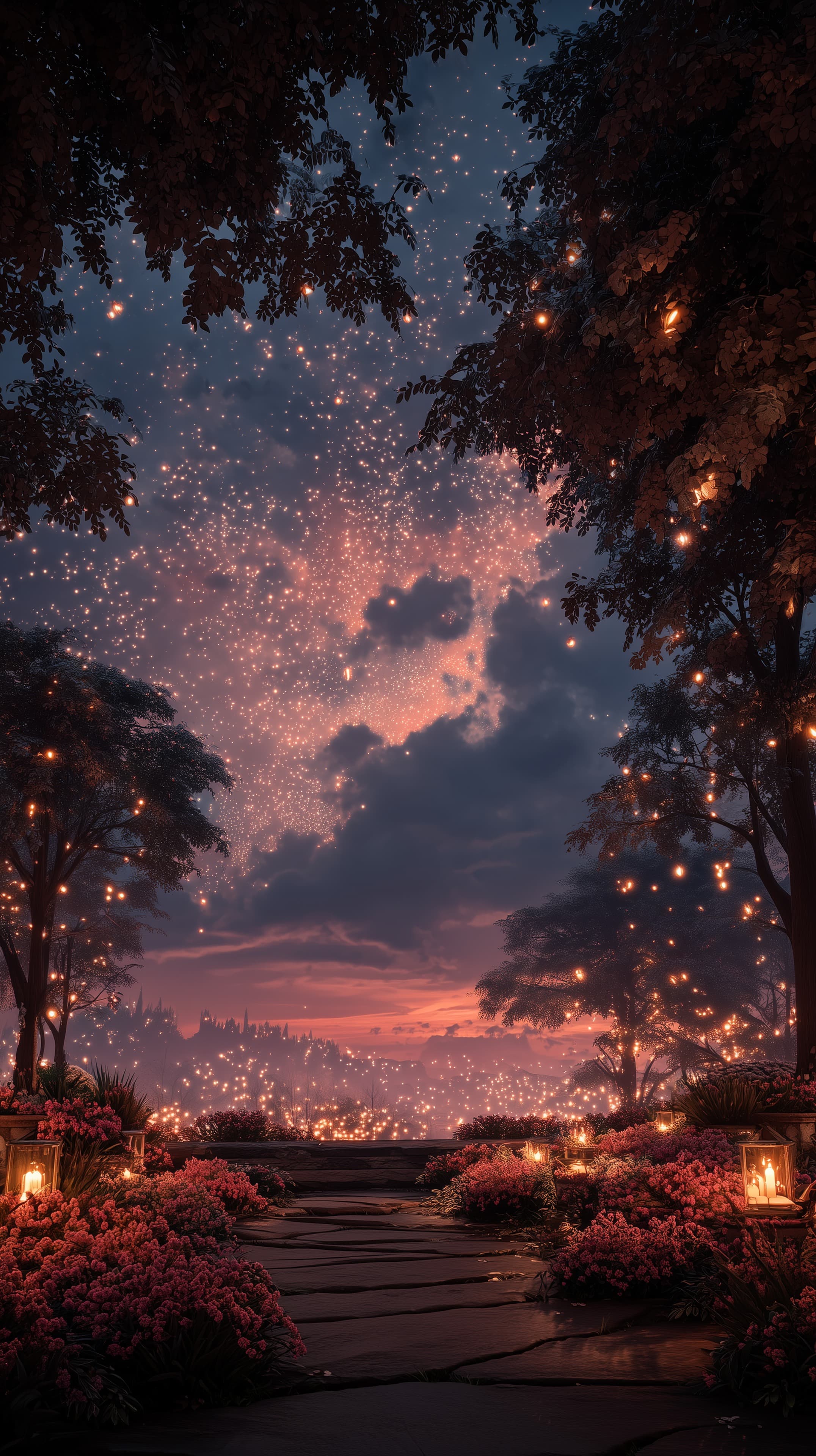 Twilight Garden Lanterns: Night Sky Firefly Dreamscape - High Resolution dreamlike-landscape Wallpaper for Mobile and Desktop
