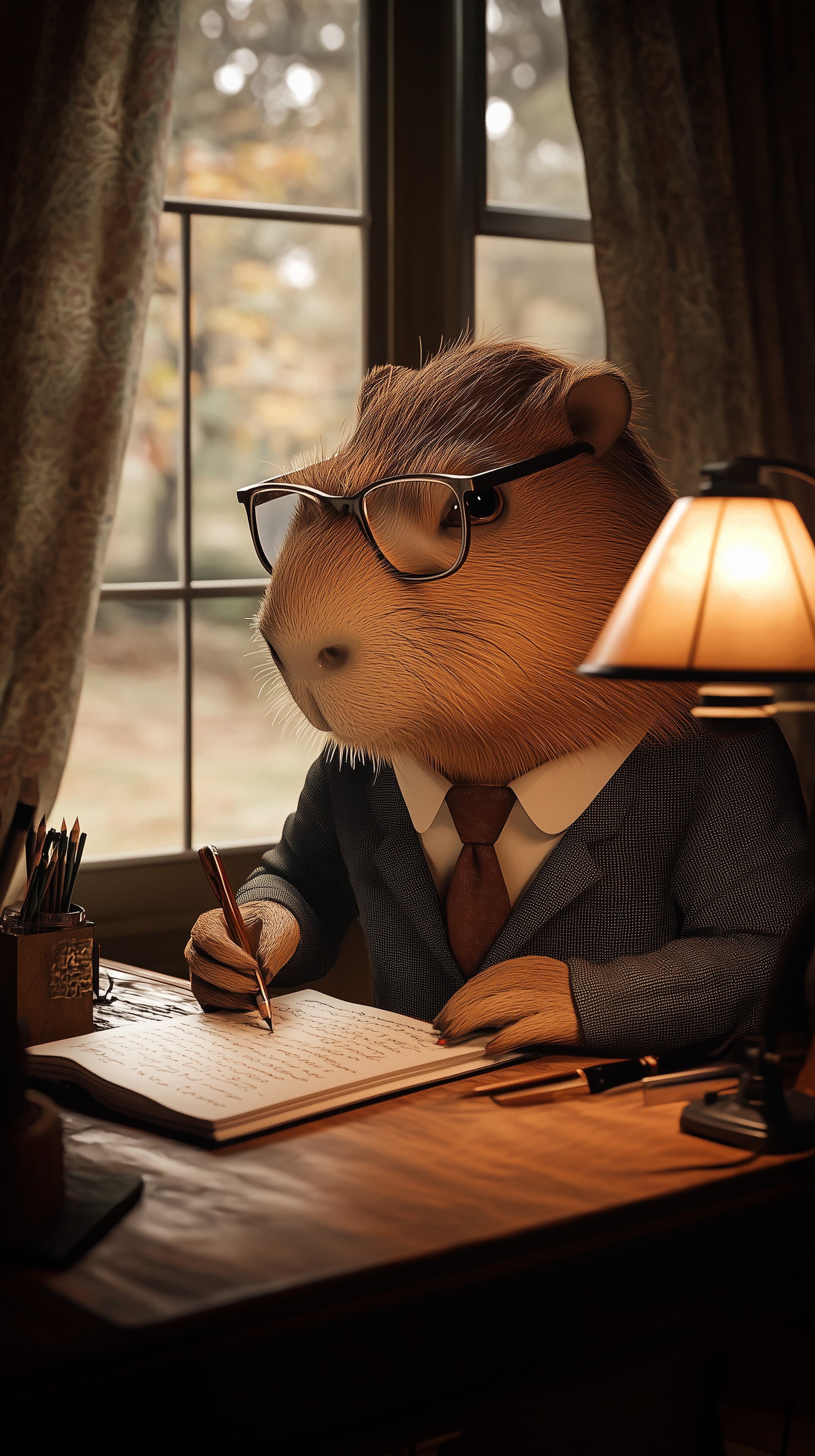 Cozy Guinea Pig in a Suit Writing at a Desk by Window - High Resolution cozy-interior Wallpaper for Mobile and Desktop