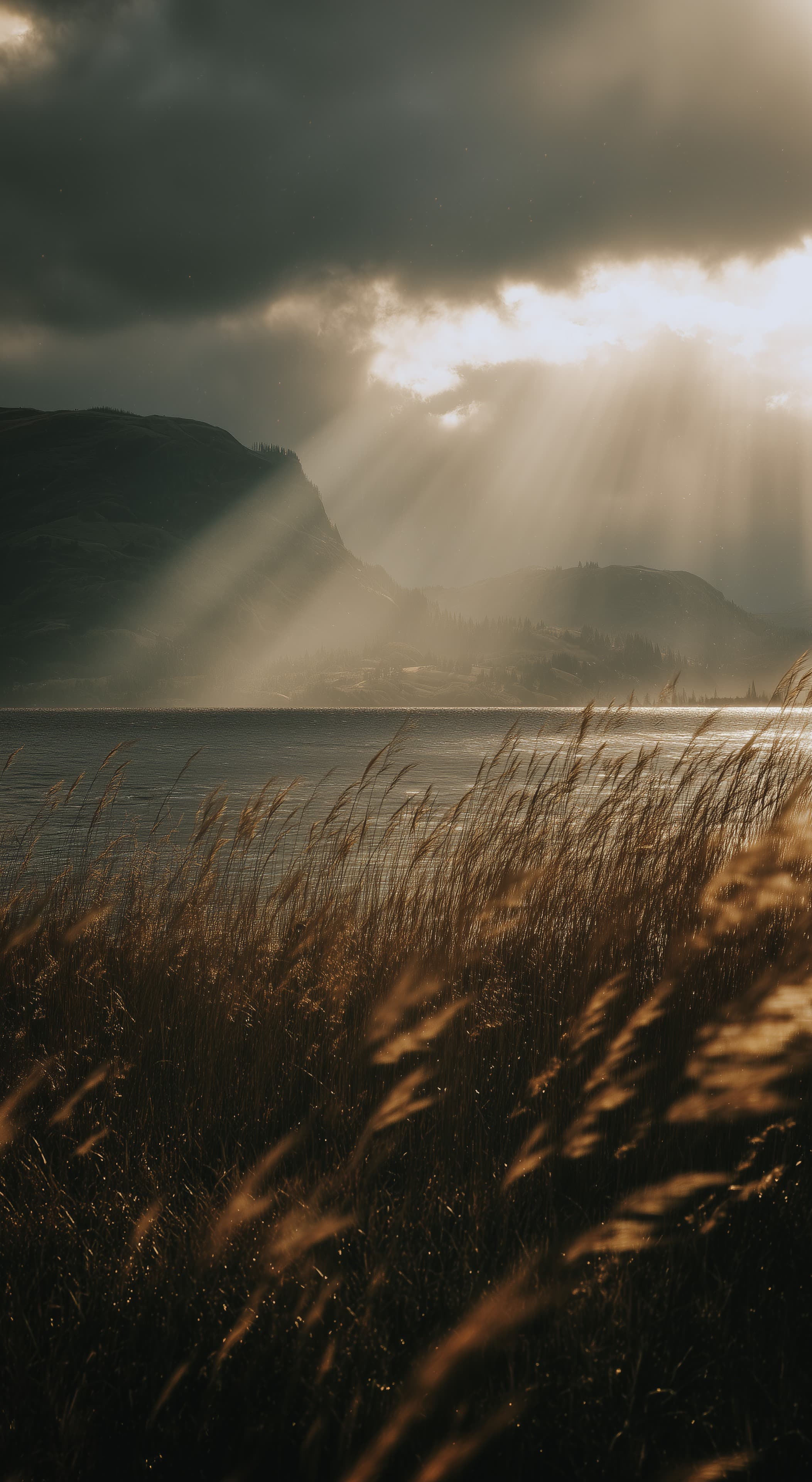 Golden Hour Rays Over Mountain Lake Landscape Wallpaper - High Resolution calm-water Wallpaper for Mobile and Desktop