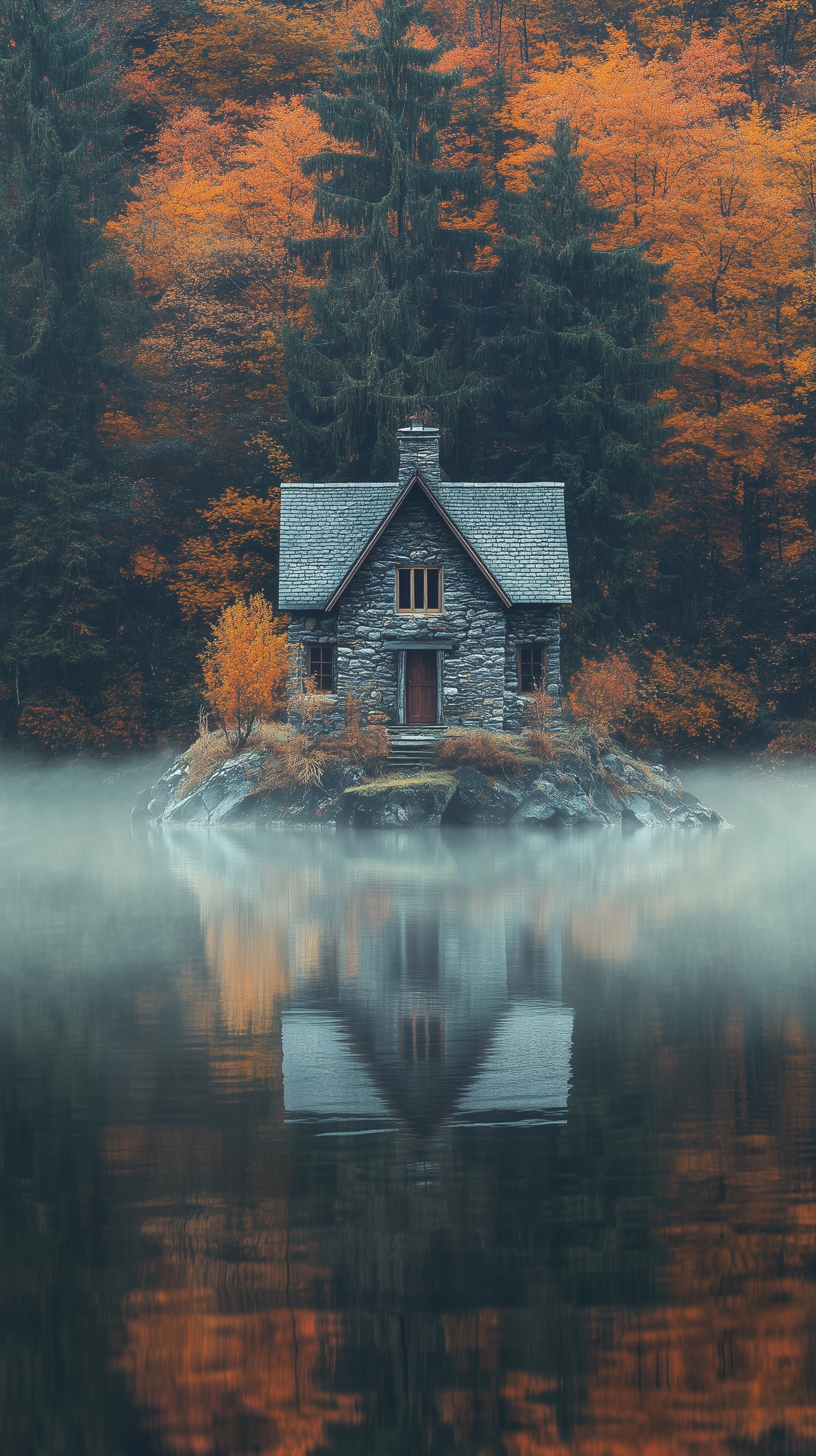 Autumn Stone Cottage on a Misty Lake Island - Serene Forest Scene - High Resolution autumn Wallpaper for Mobile and Desktop