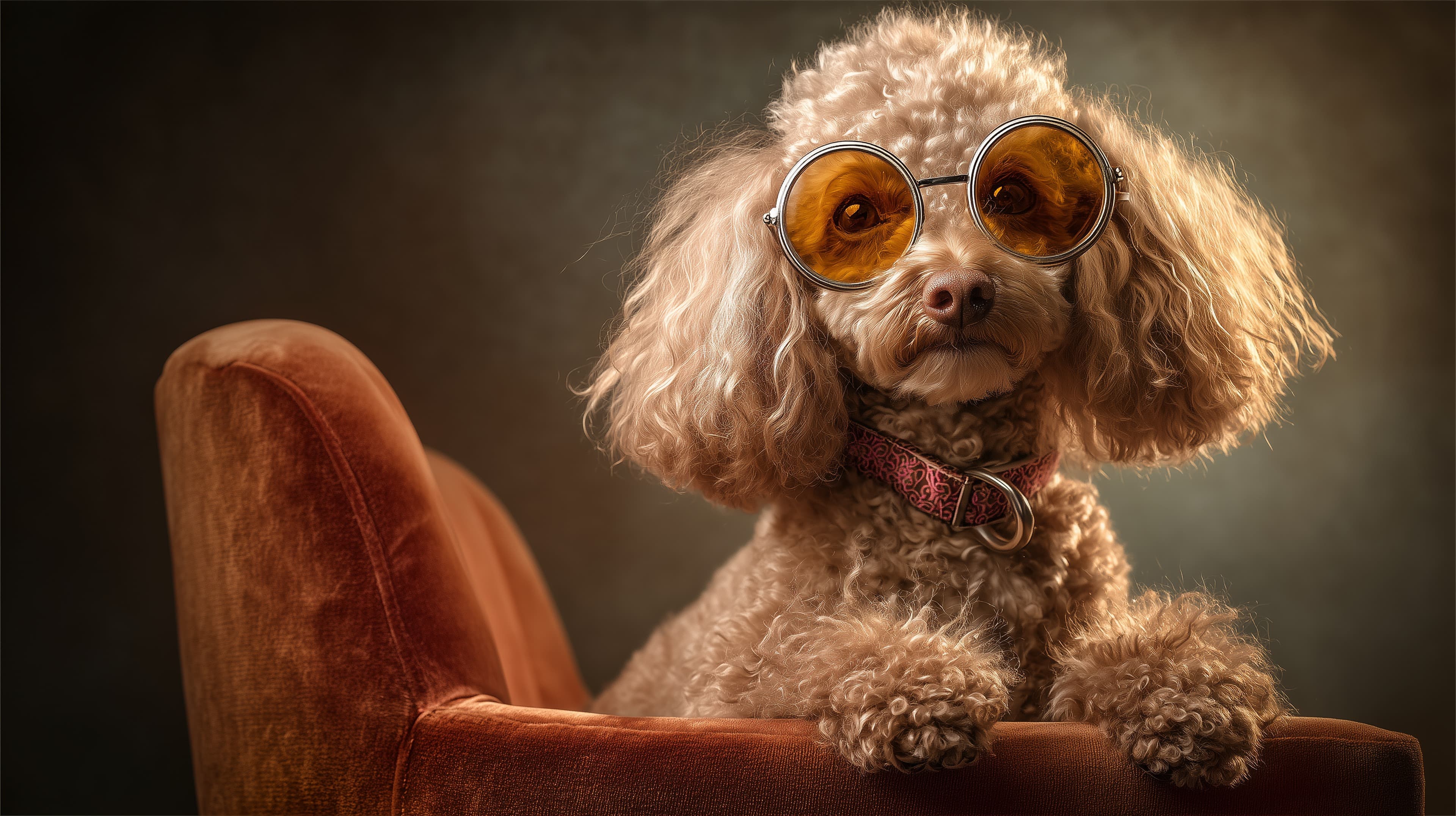 Whimsical Poodle Portrait in Round Sunglasses on Velvet Chair - High Resolution poodle Wallpaper for Mobile and Desktop