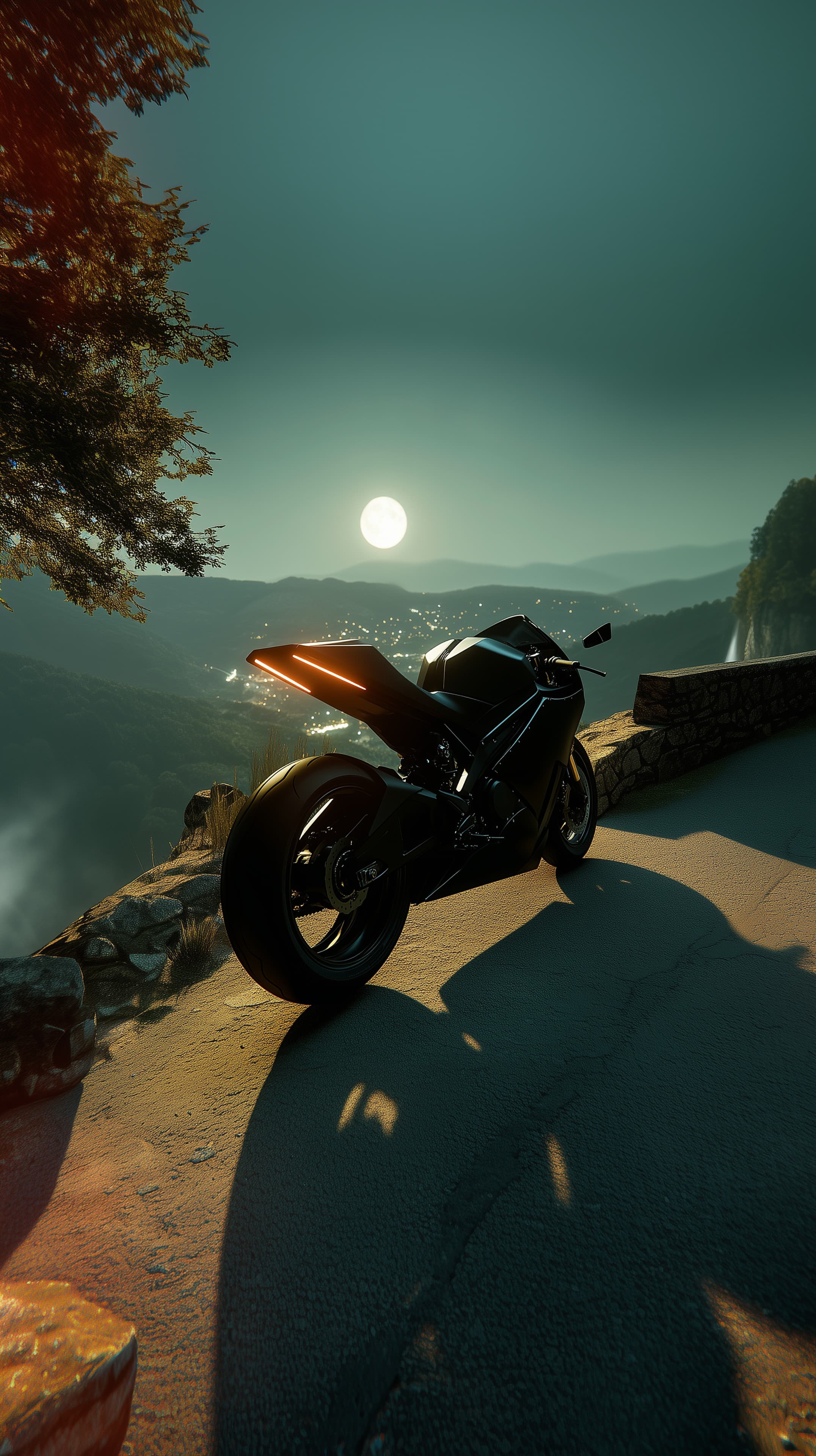 Cliffside Sunset: Modern Sport Motorcycle on Mountain Road - High Resolution cinematic Wallpaper for Mobile and Desktop