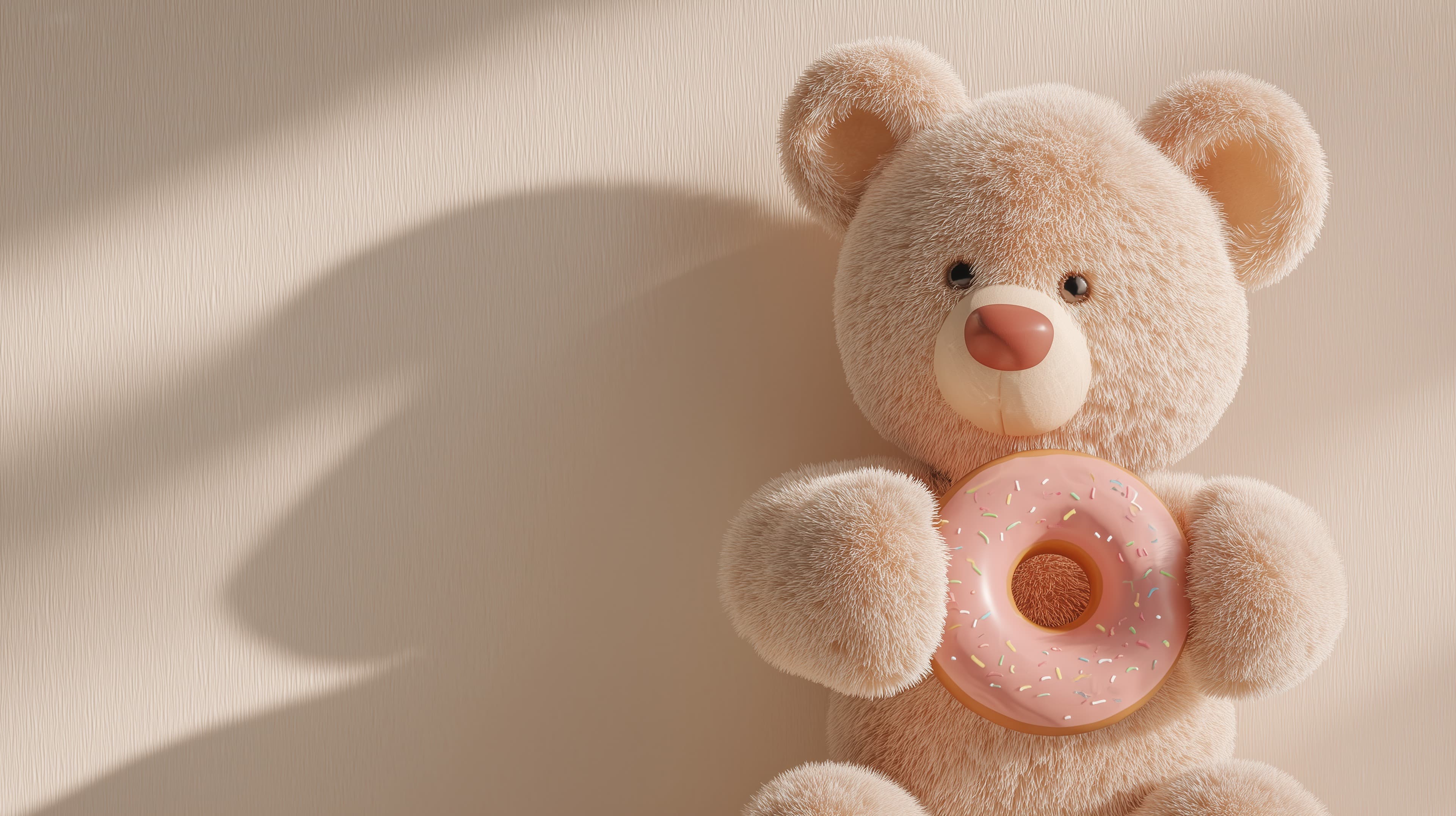 Cozy Plush Bear Holding a Pink Donut – Soft Wallpaper - High Resolution cozy-decor Wallpaper for Mobile and Desktop