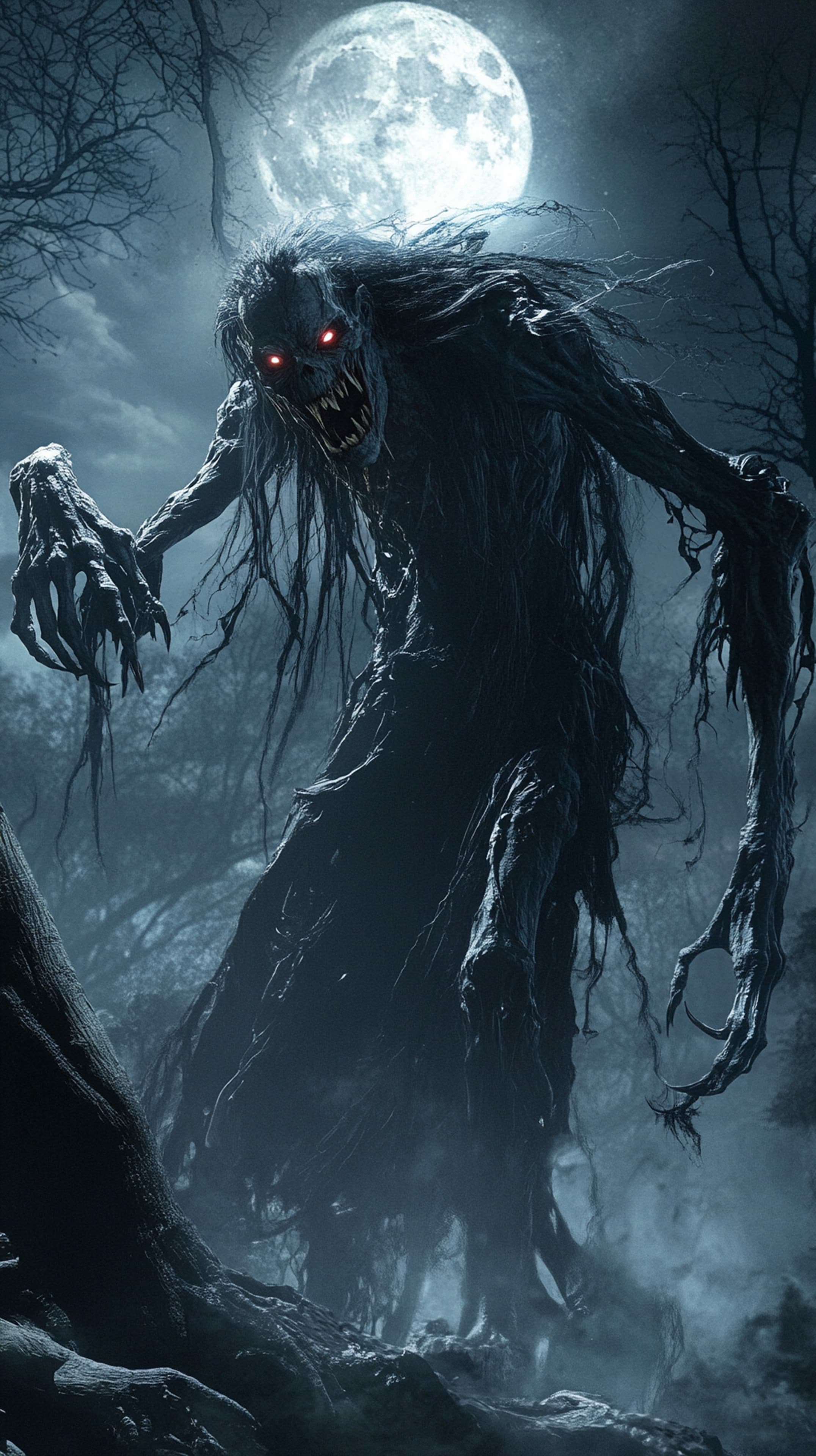Moonlit Monster in Dark Forest - Eerie Night Wallpaper - High Resolution moon Wallpaper for Mobile and Desktop