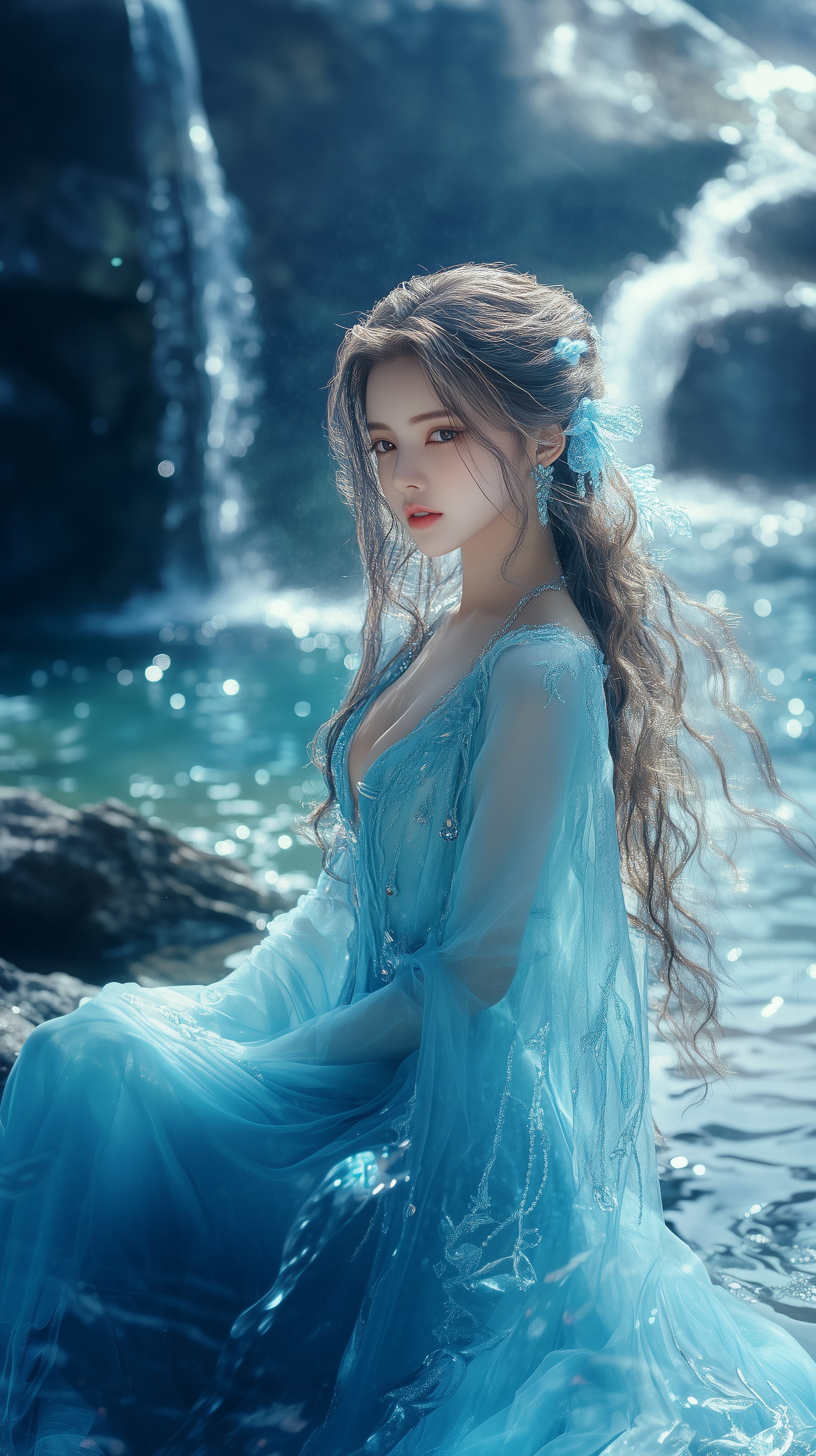 Azure Dream: Ethereal Blue Dress Portrait by Waterfall - High Resolution blue-dress Wallpaper for Mobile and Desktop