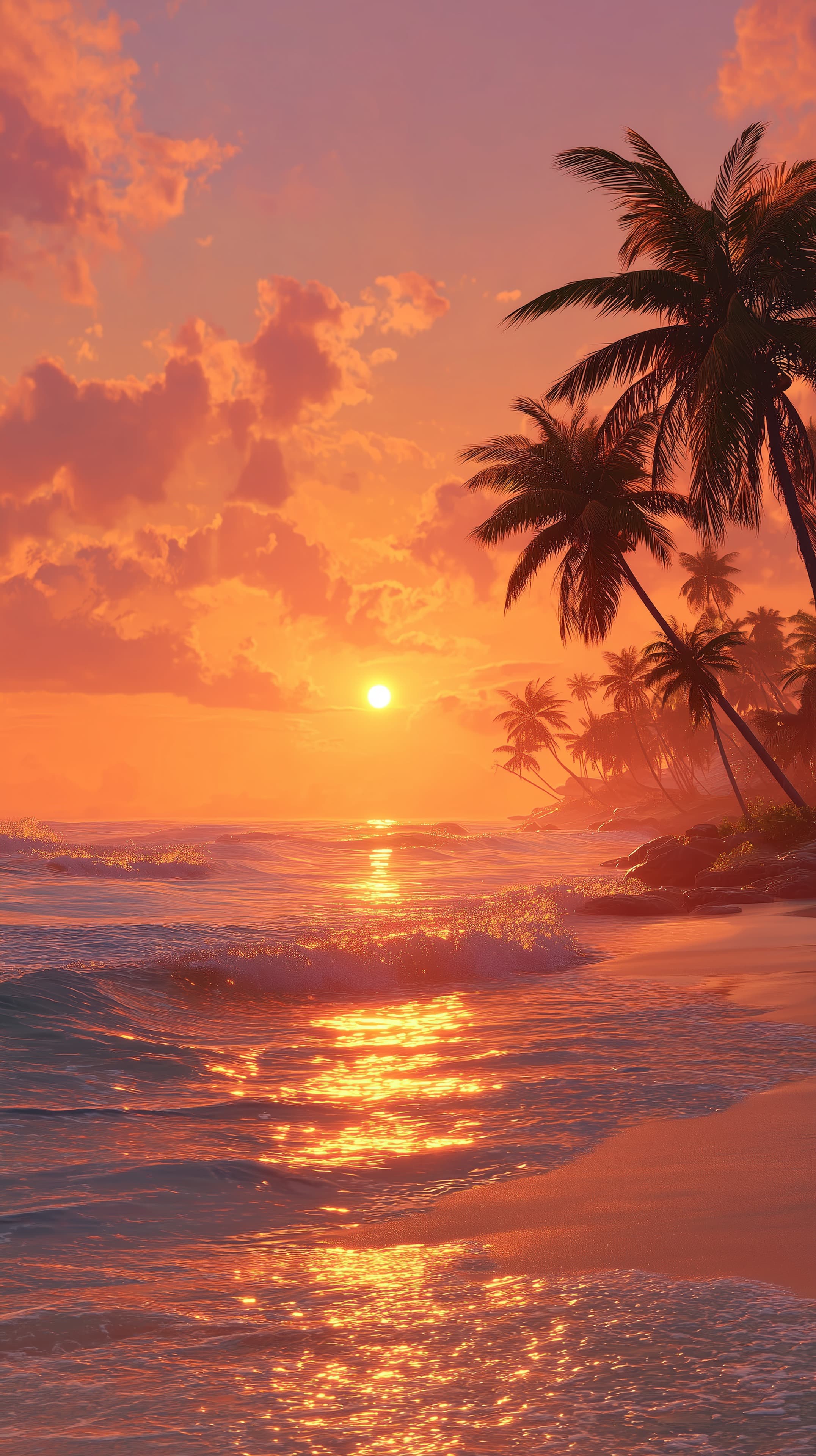 Sunset Paradise Beach Wallpaper: Golden Palm Trees at Dusk - High Resolution beach Wallpaper for Mobile and Desktop