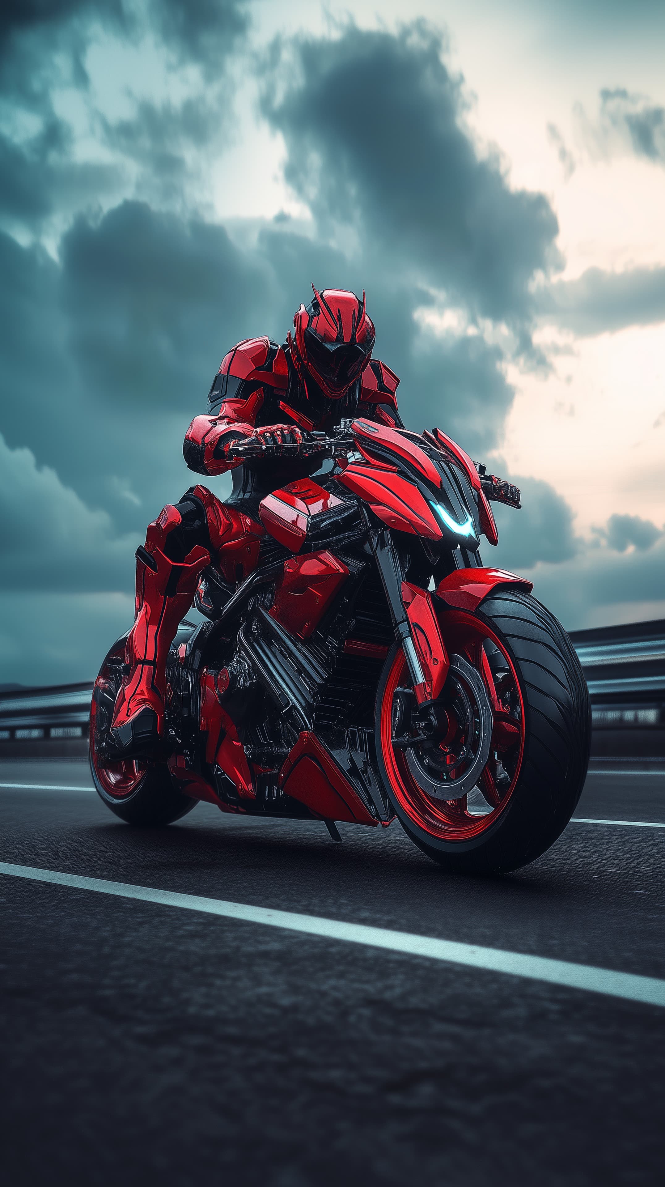 Red Armored Sport Motorcycle Rider on Open Road under Dramatic Clouds - High Resolution armored-rider Wallpaper for Mobile and Desktop