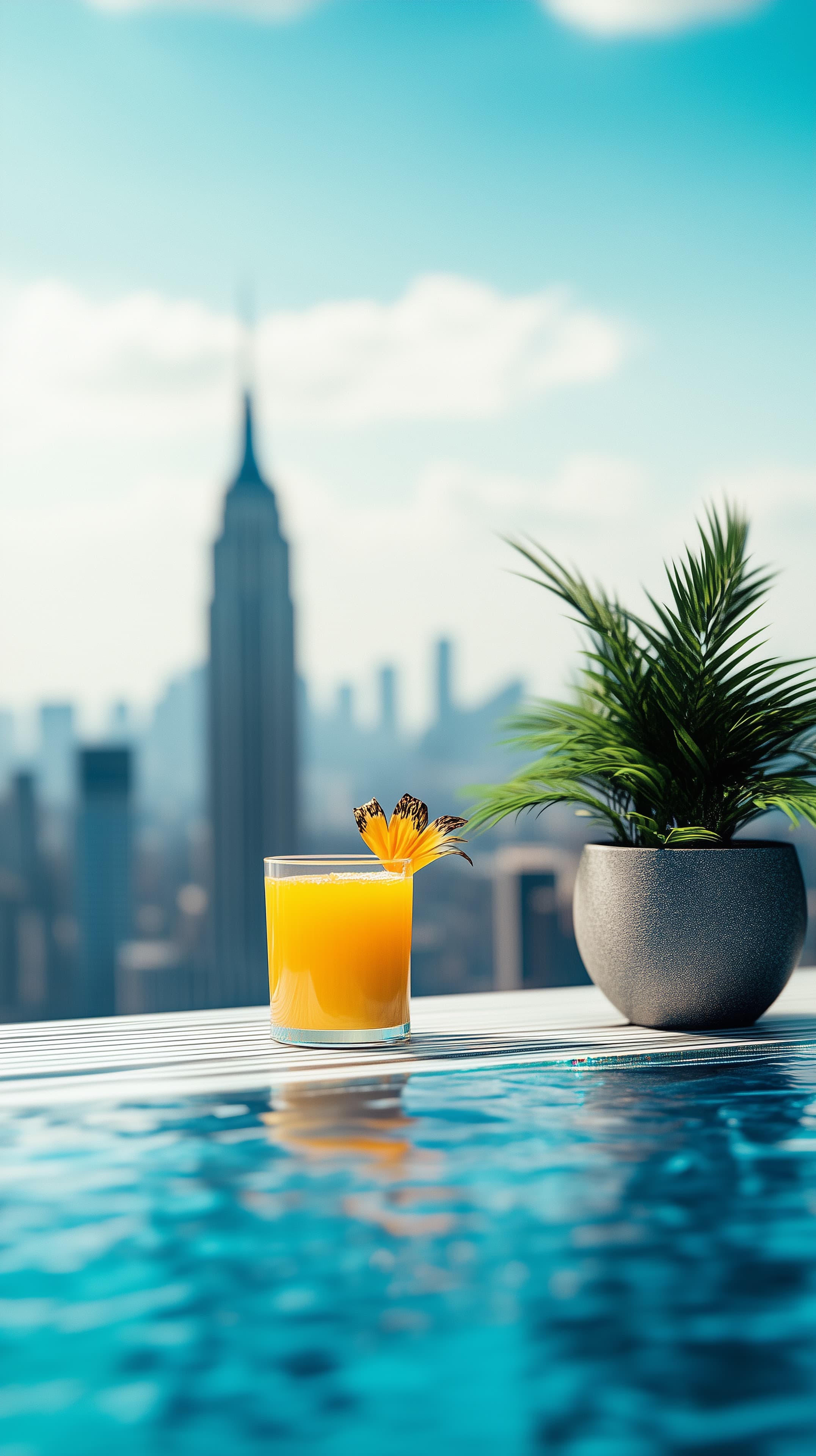 Sunny Rooftop Poolside Drink with City Skyline View - High Resolution poolside Wallpaper for Mobile and Desktop