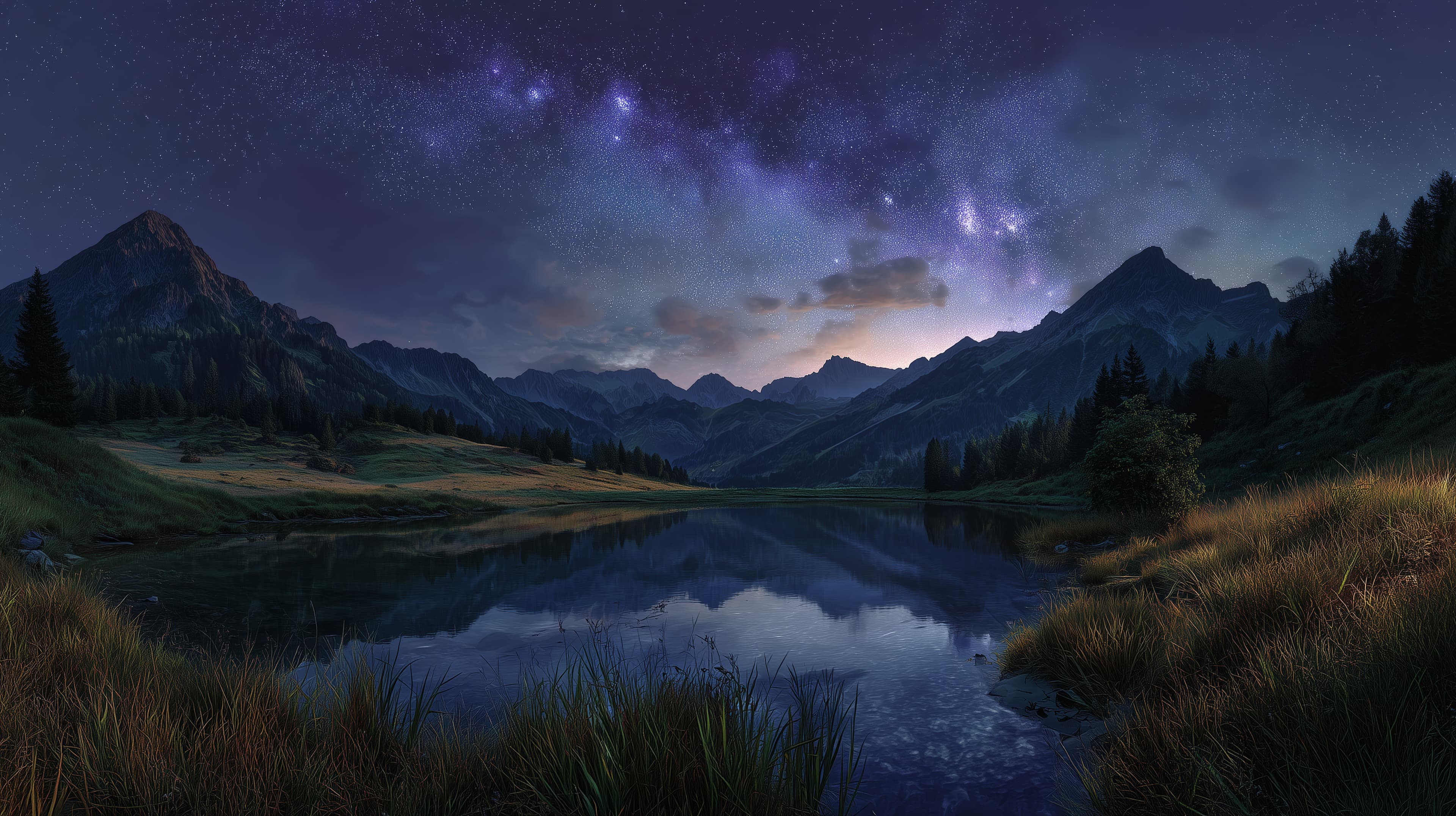 Starry Mountain Lake Nightscape Wallpaper with Galaxy Glow - High Resolution calm-water Wallpaper for Mobile and Desktop