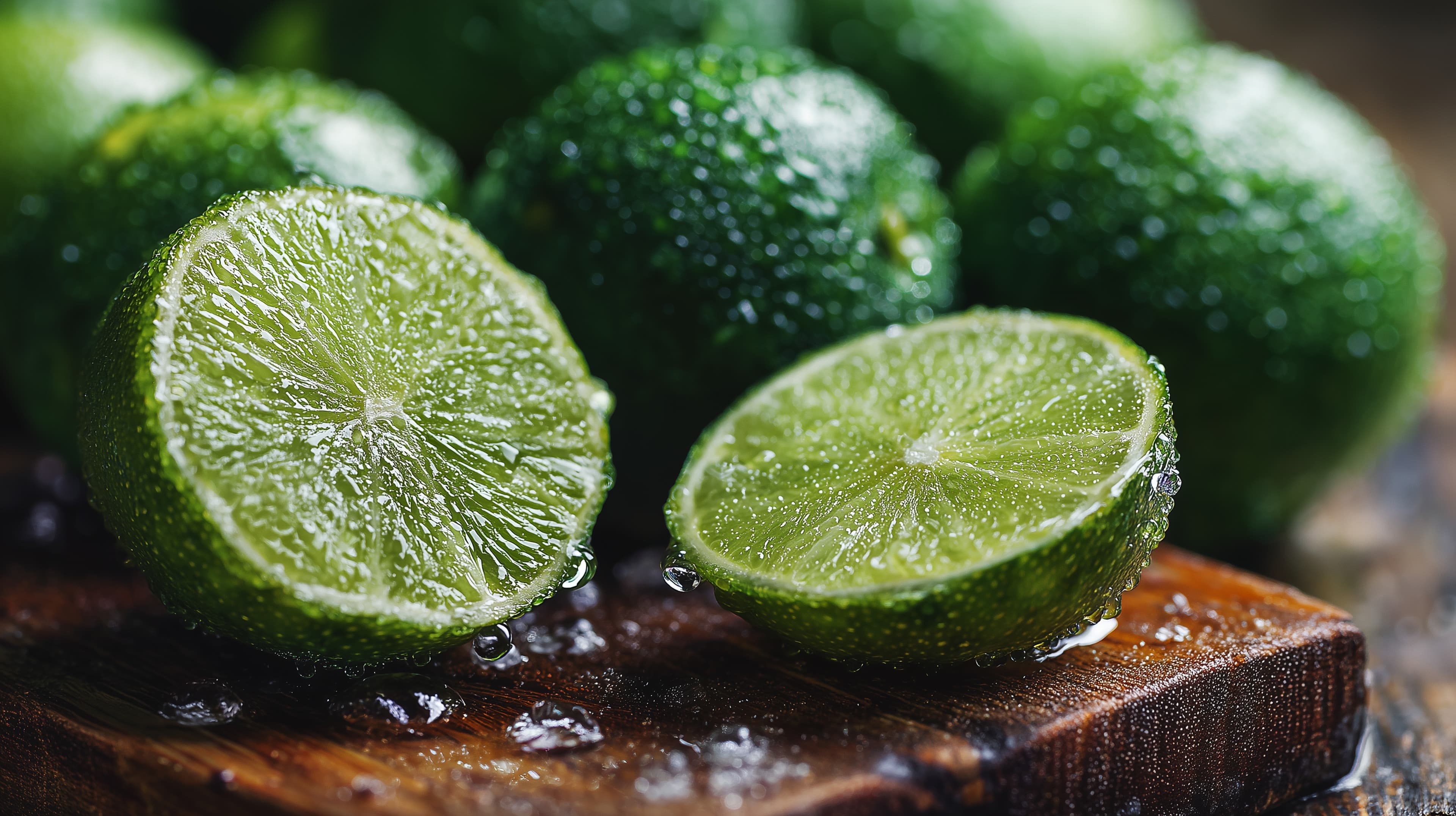 Fresh Lime Halves on Wooden Board with Water Droplets - High Resolution lime Wallpaper for Mobile and Desktop