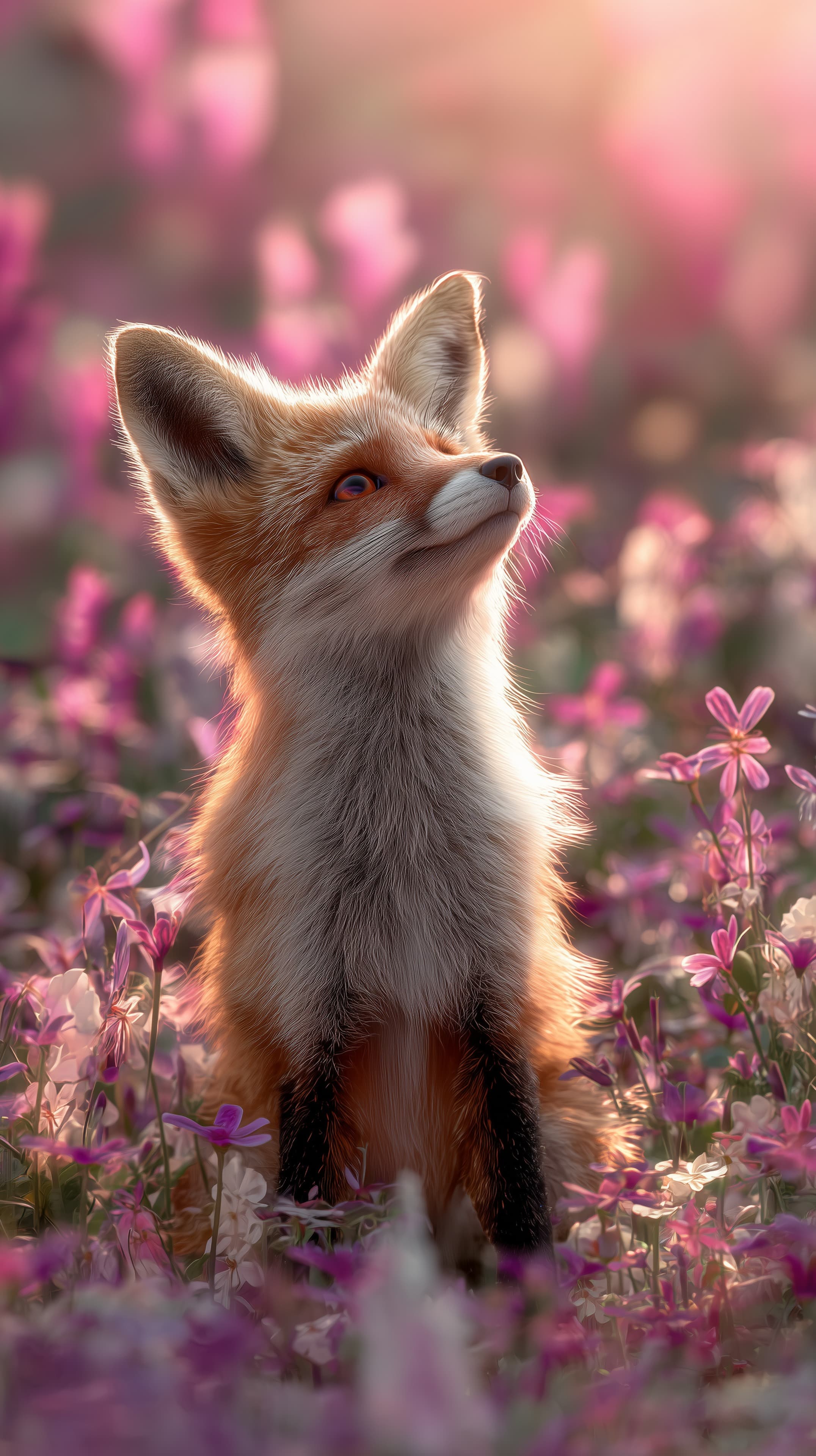 Adorable Fox Kit in a Blooming Field at Golden Hour - High Resolution bokeh Wallpaper for Mobile and Desktop