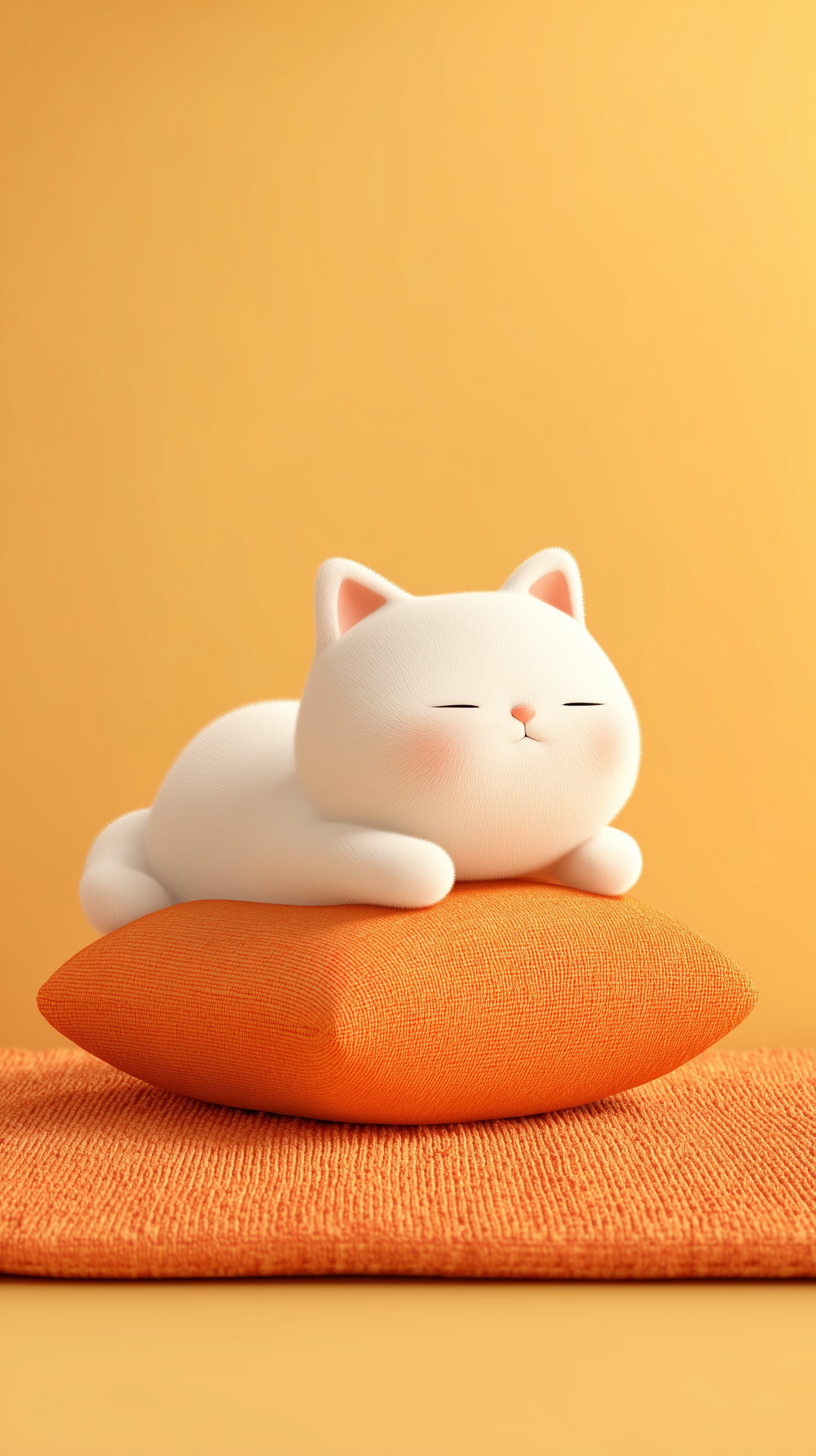 Adorable Plush Cat Resting on a Bright Orange Pillow in Warm Wallpaper - High Resolution 3d-illustration Wallpaper for Mobile and Desktop