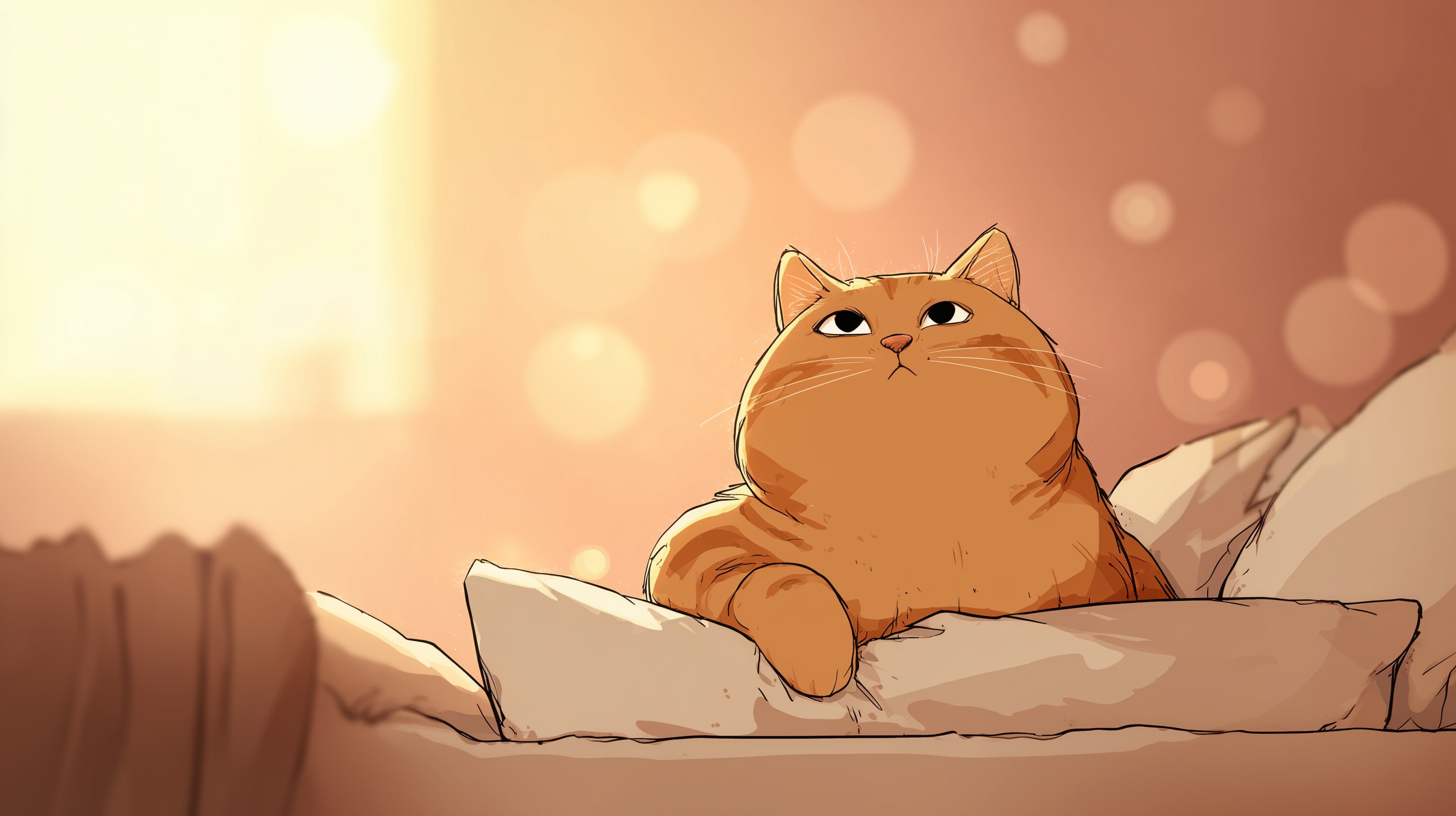 Cozy Orange Cat in Sunset Glow — Cute Bedtime Wallpaper - High Resolution bedroom-wallpaper Wallpaper for Mobile and Desktop