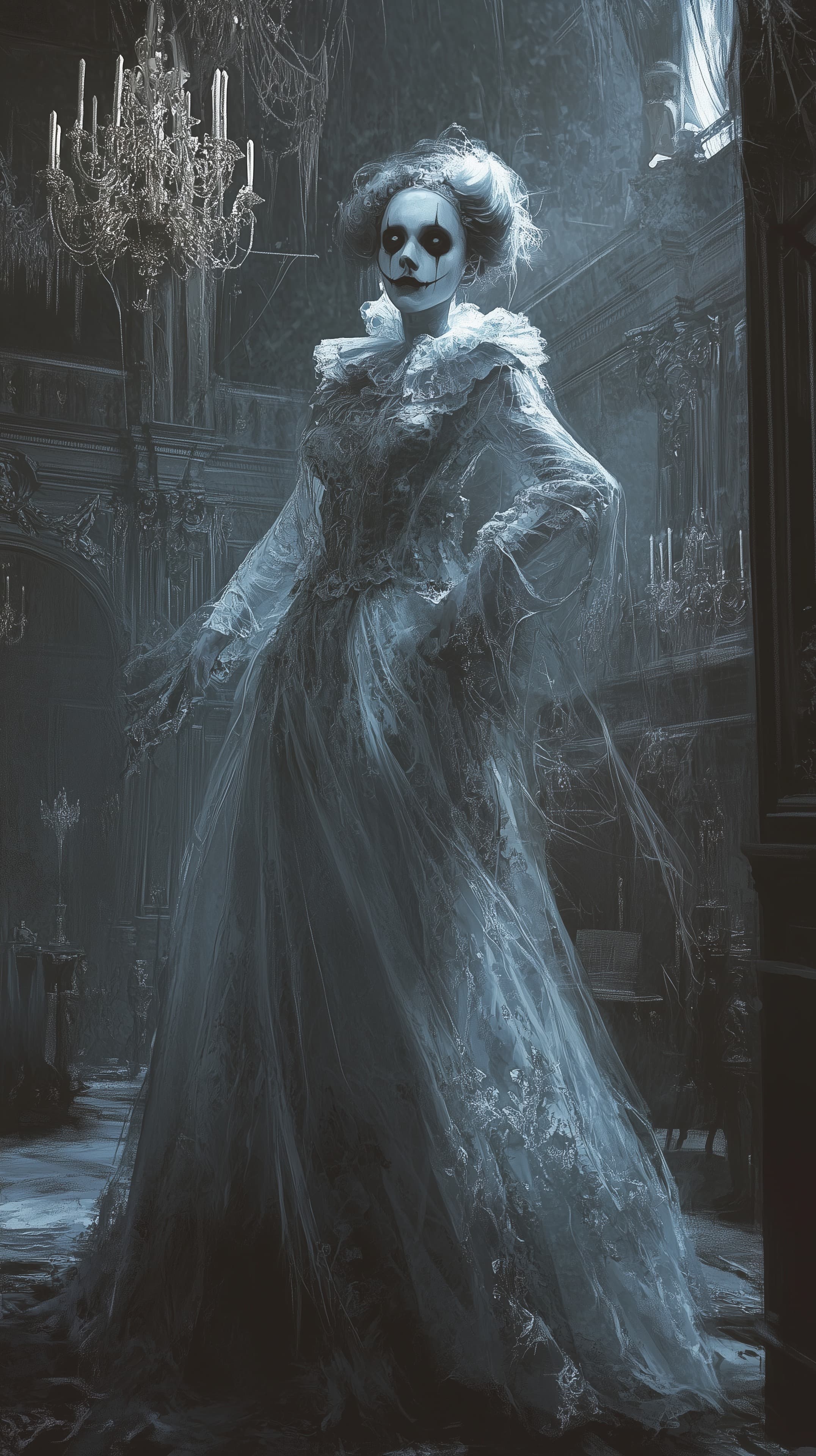 Ethereal Gothic Ghost in a Velvet Gown - Dark Hallway Wallpaper - High Resolution blue-gothic Wallpaper for Mobile and Desktop