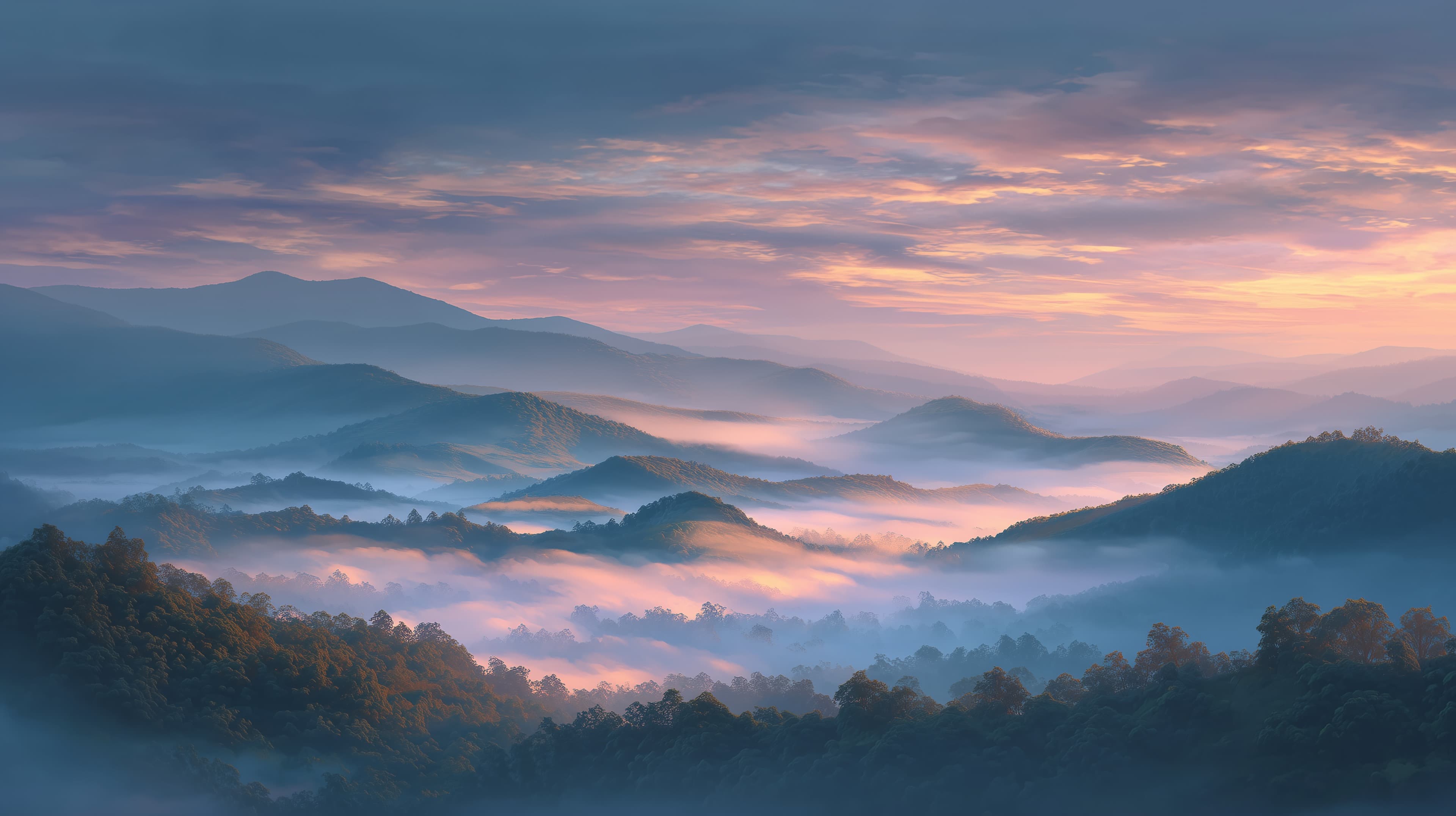 Serene Misty Hills at Sunrise - Dreamy Landscape Wallpaper - High Resolution mist Wallpaper for Mobile and Desktop