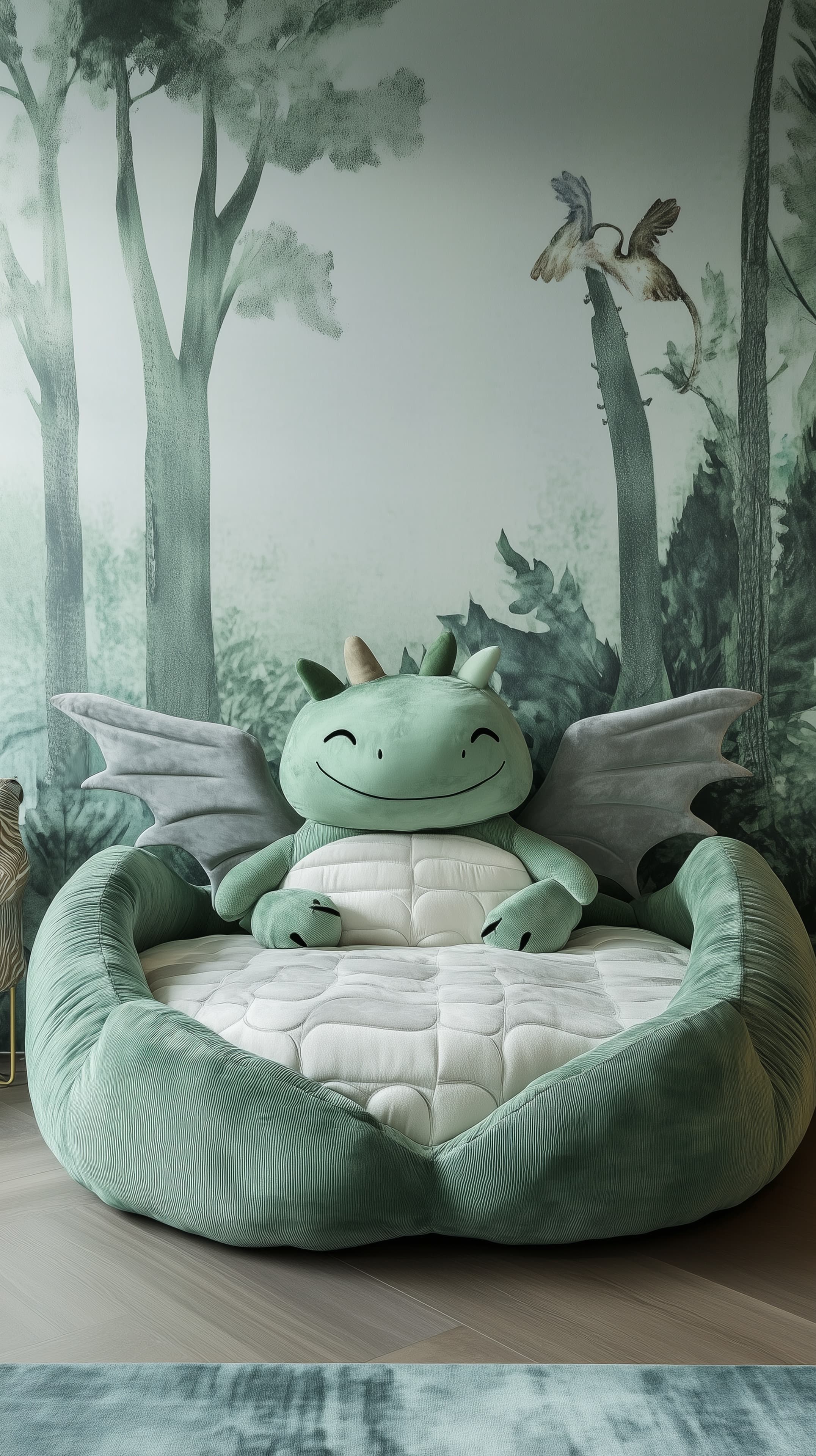 Whimsical Dragon Plush Sofa Bed in Forest Wall Scene Wallpaper - High Resolution children-wallpaper Wallpaper for Mobile and Desktop