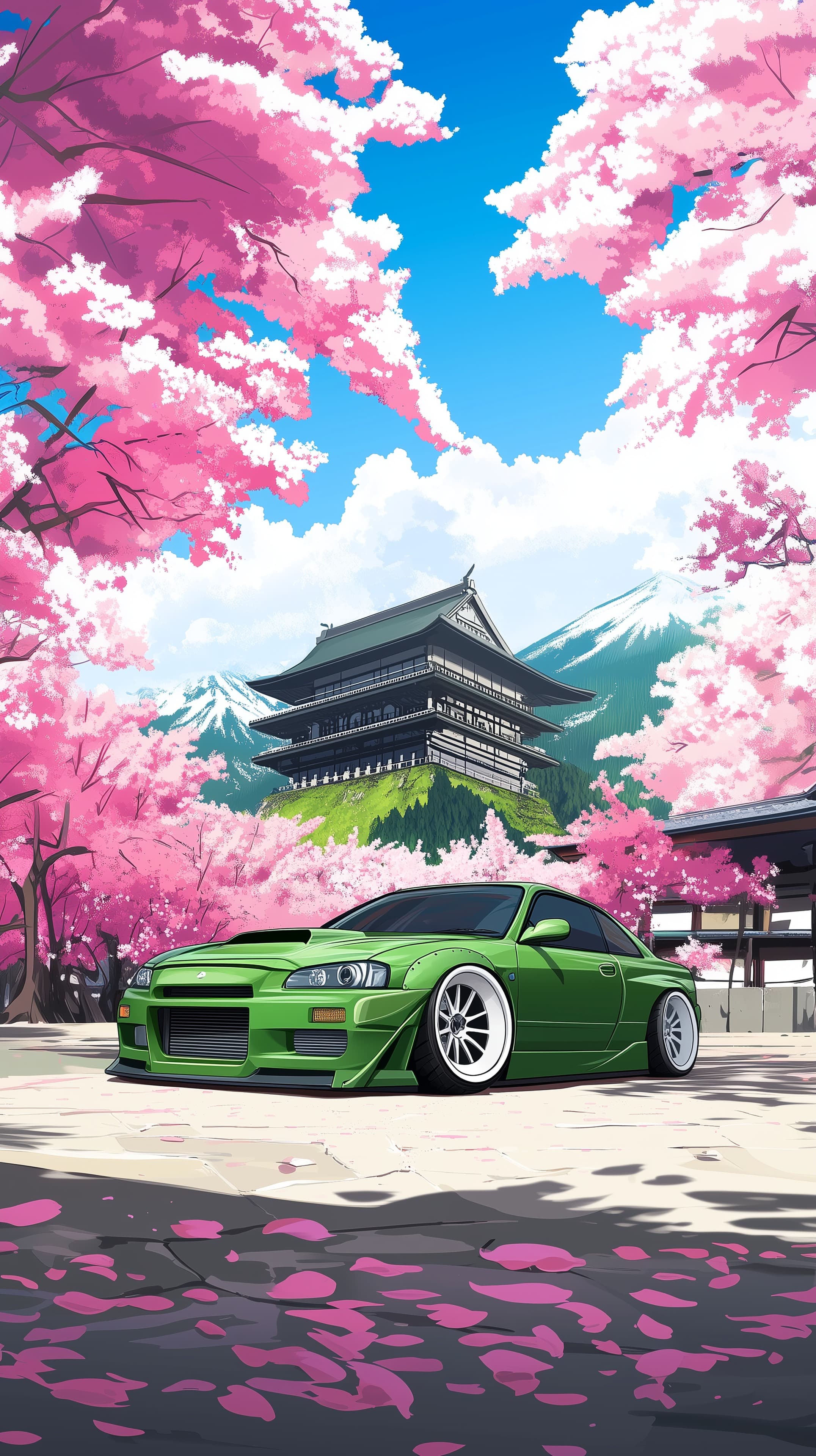 Vibrant Sakura Scene with Green Sports Car by Pagoda - High Resolution anime-landscape Wallpaper for Mobile and Desktop