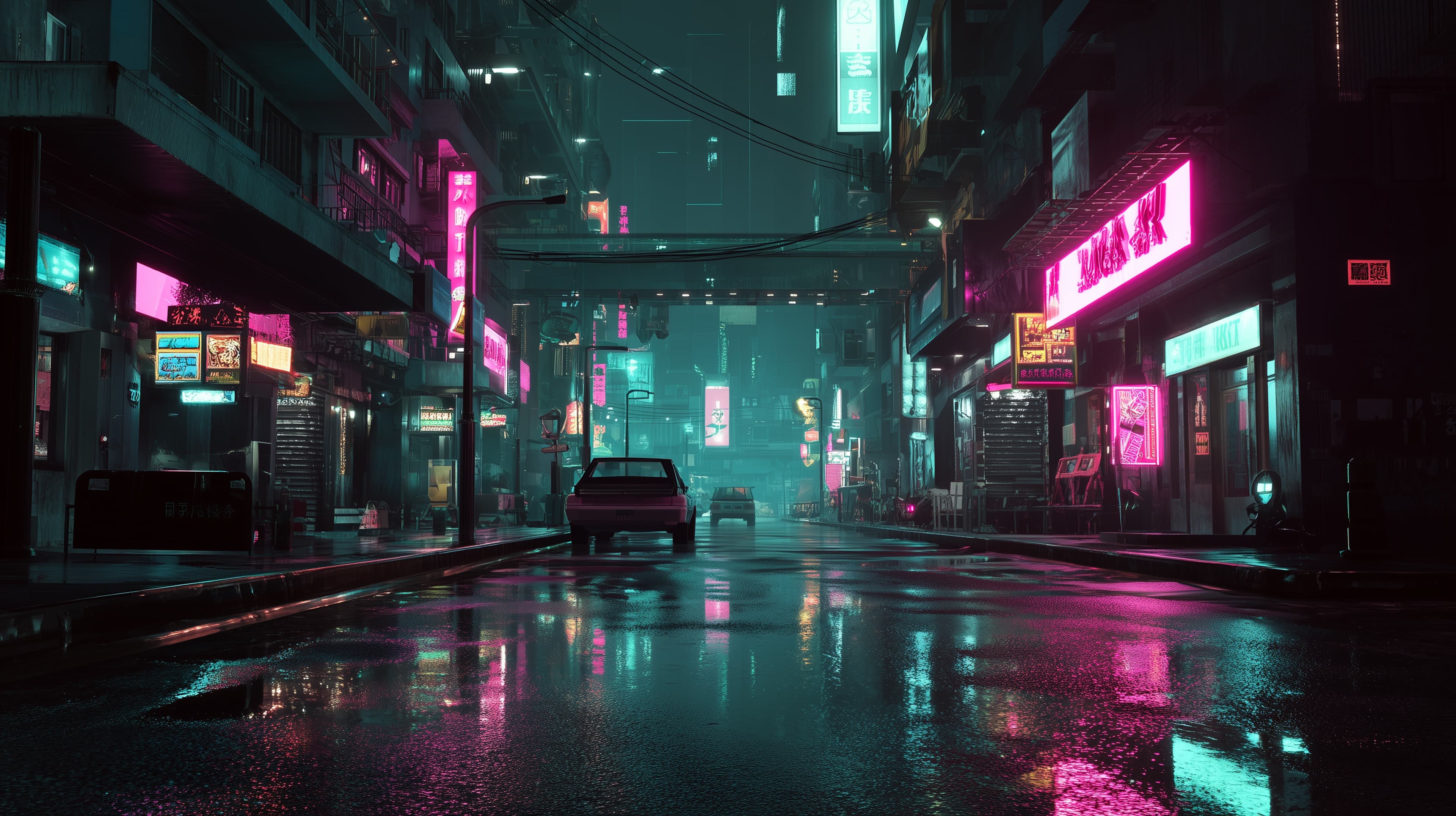 Neon Rain Night in a Cyberpunk City Street - Nightlife Wallpaper - High Resolution city Wallpaper for Mobile and Desktop