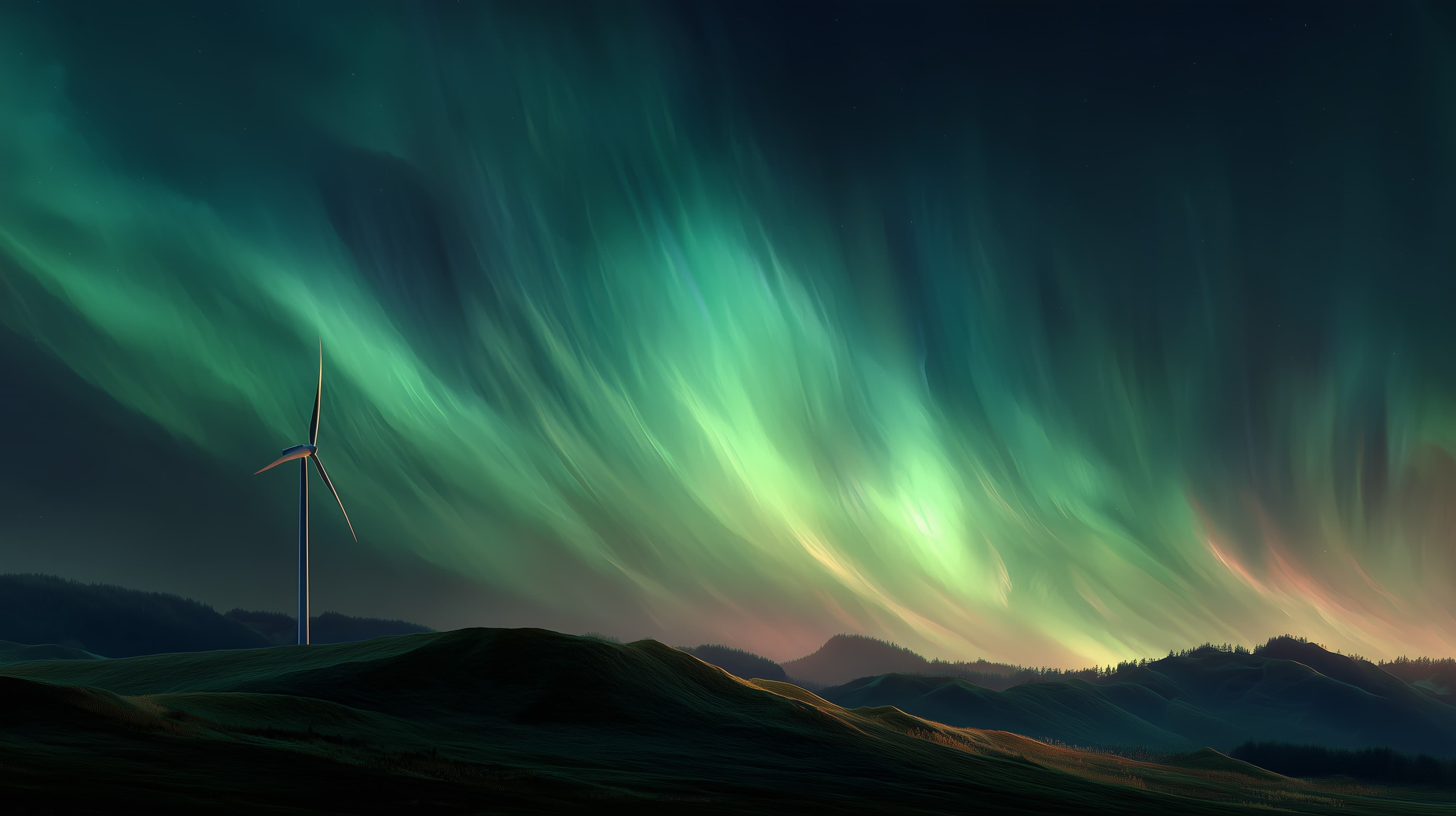 Aurora Night Sky Over Rolling Hills and a Wind Turbine - High Resolution aurora Wallpaper for Mobile and Desktop
