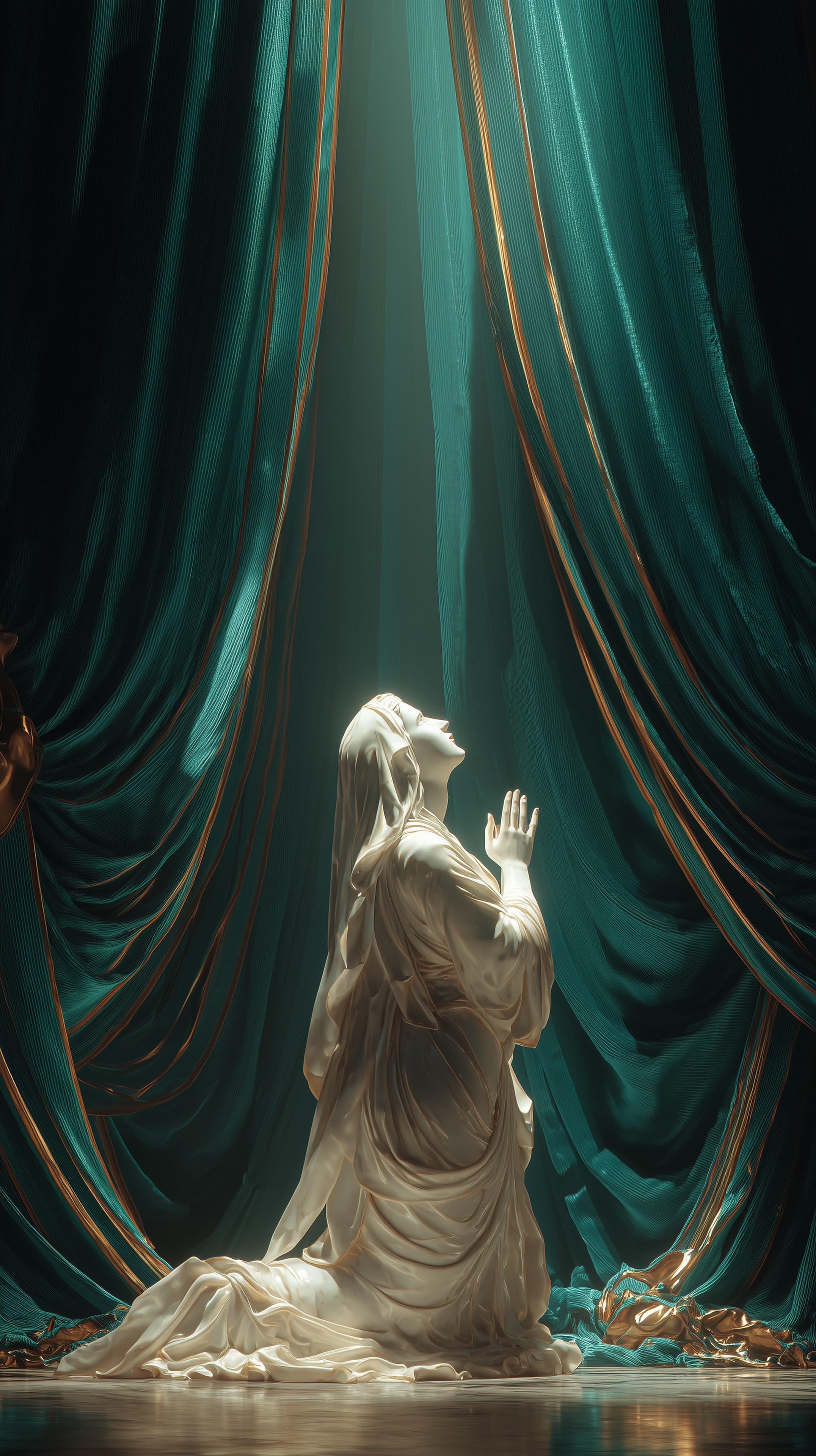 Ethereal Kneeling Figure in Turquoise Drapery Wallpaper - High Resolution art-wallpaper Wallpaper for Mobile and Desktop