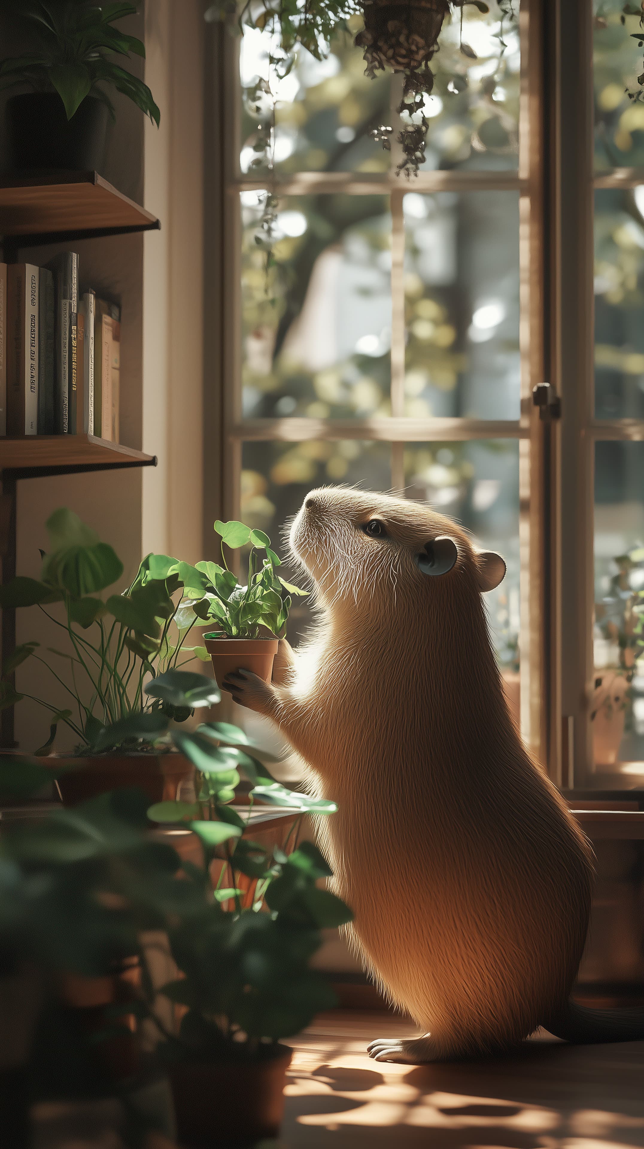 Sunlit Indoor Garden Scene with a Curious Rodent and Plants - High Resolution cozy-home-decor Wallpaper for Mobile and Desktop
