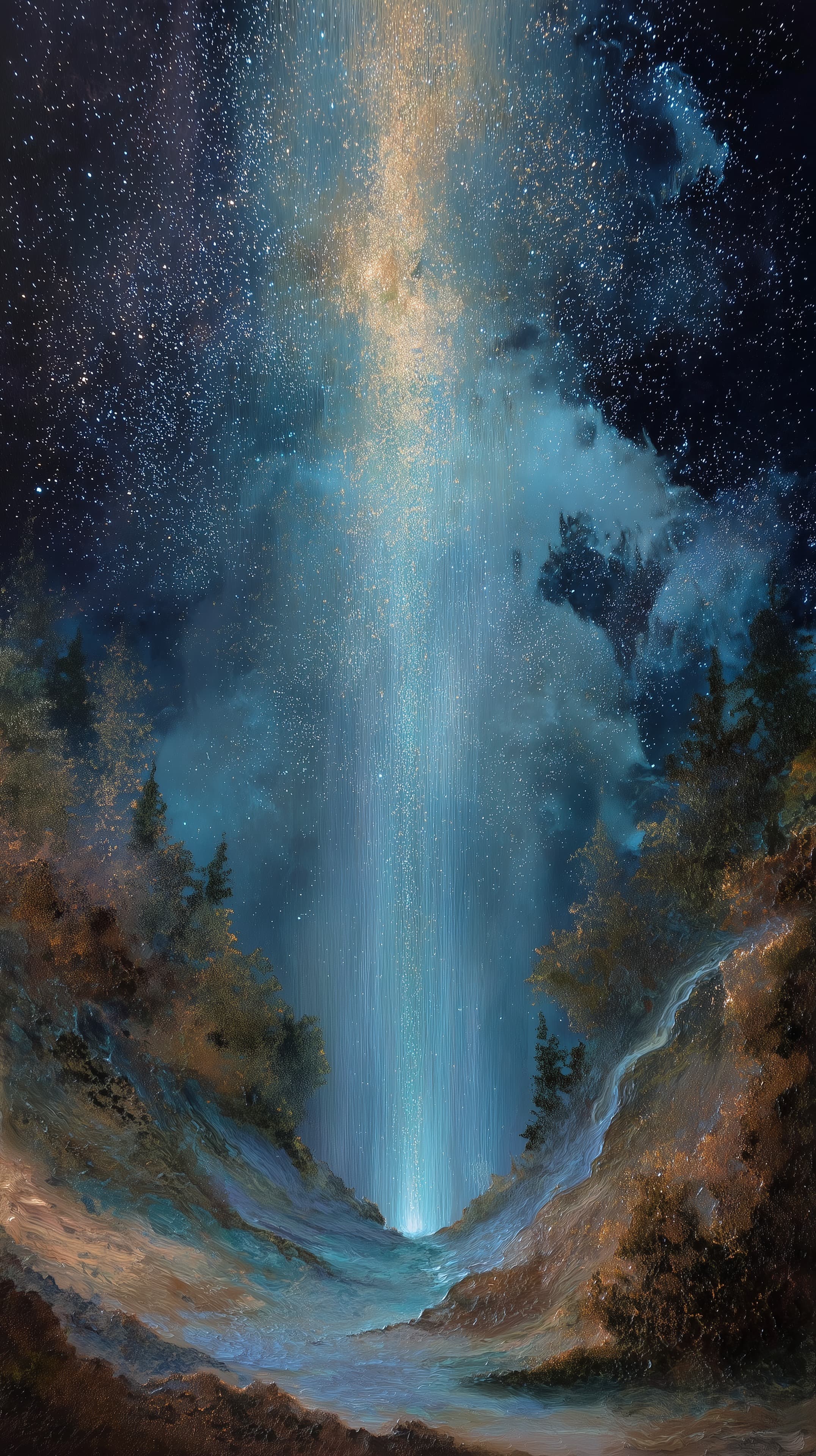Celestial Nightfall: Starry Sky Pillar Over a Canyon - High Resolution blue-green-light Wallpaper for Mobile and Desktop