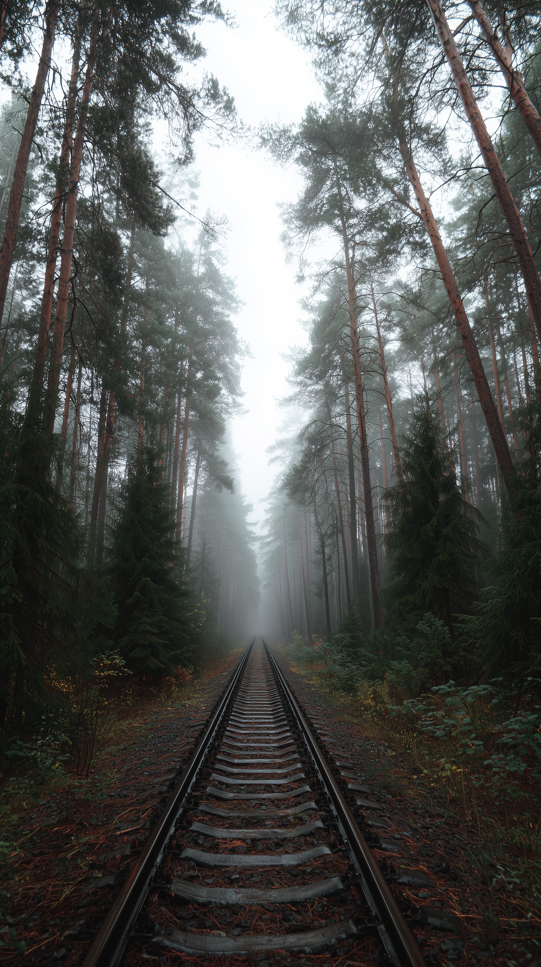 Misty Forest Rail Tracks: Serene Pines Shrouded in Fog - High Resolution atmosphere Wallpaper for Mobile and Desktop