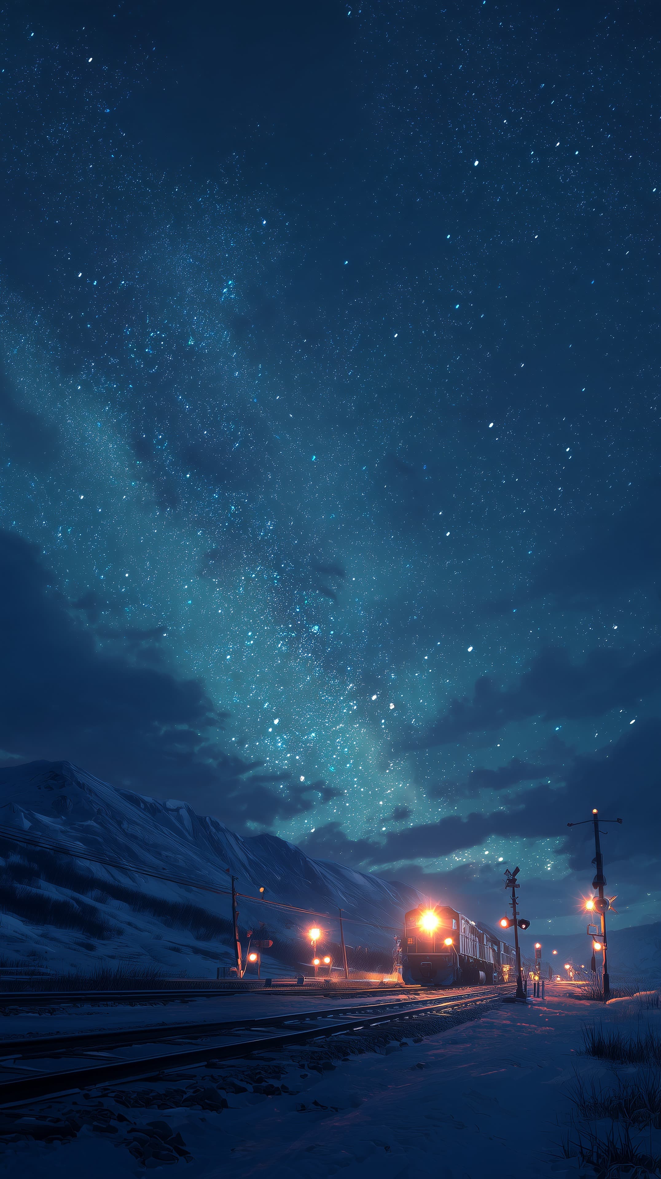 Starry Night Train Silhouette Over Snowy Mountains - High Resolution blue-palette Wallpaper for Mobile and Desktop