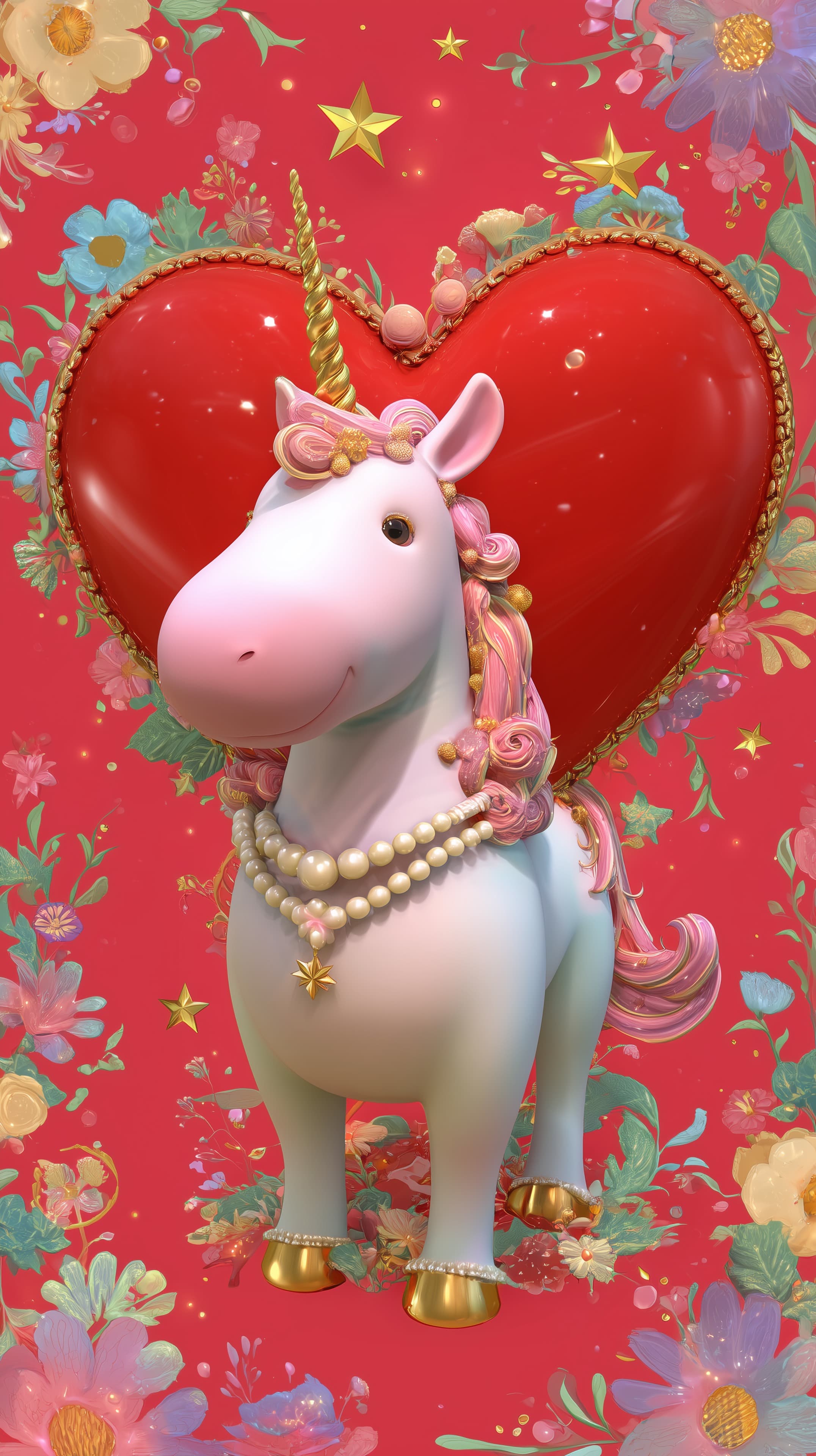 Whimsical Unicorn with Pearl Necklace Against Floral Heart Backdrop - High Resolution 3d-illustration Wallpaper for Mobile and Desktop