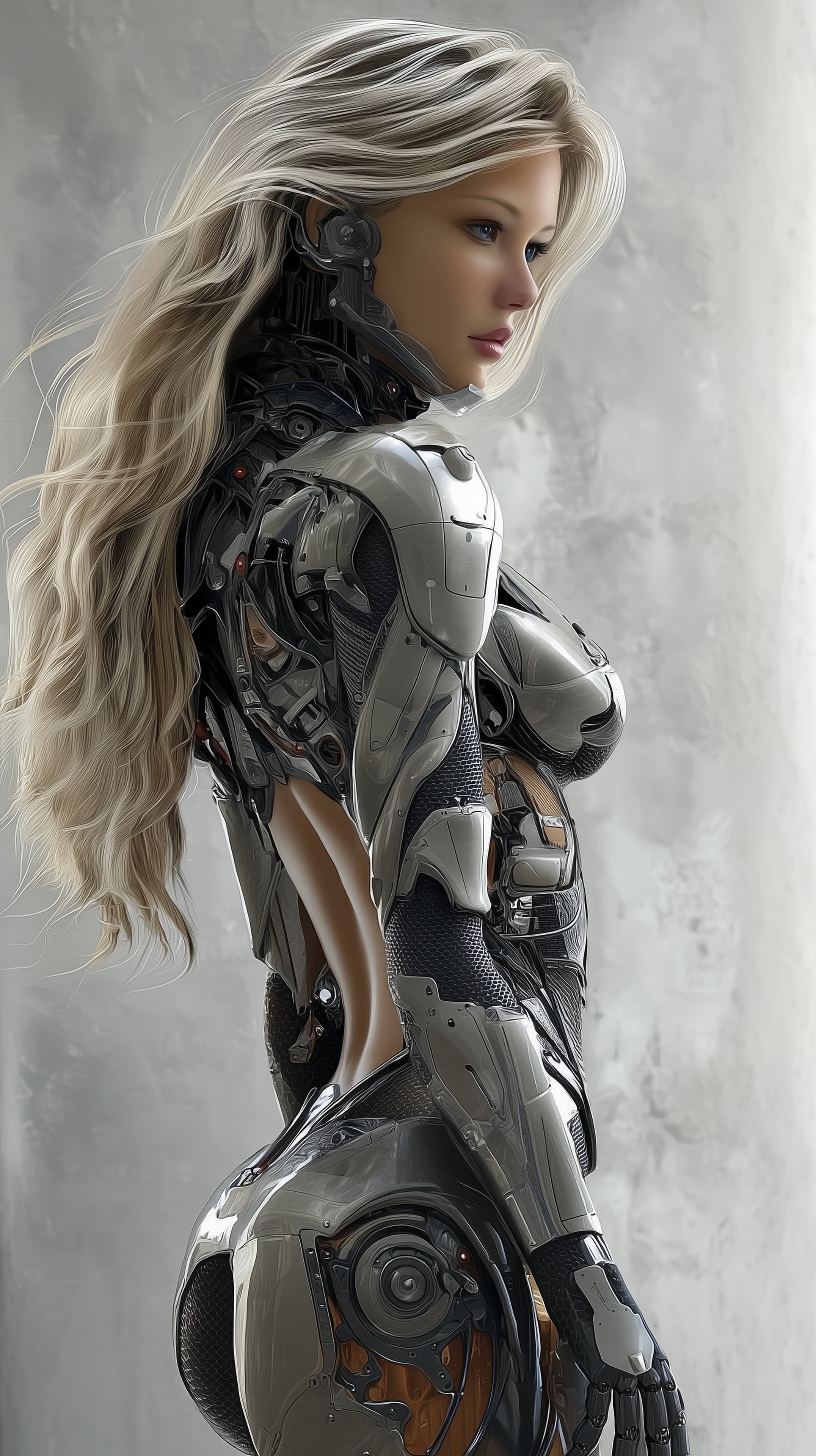 Futuristic Cyborg Woman in Sleek Metallic Armor Wallpaper - High Resolution cybernetic-woman Wallpaper for Mobile and Desktop
