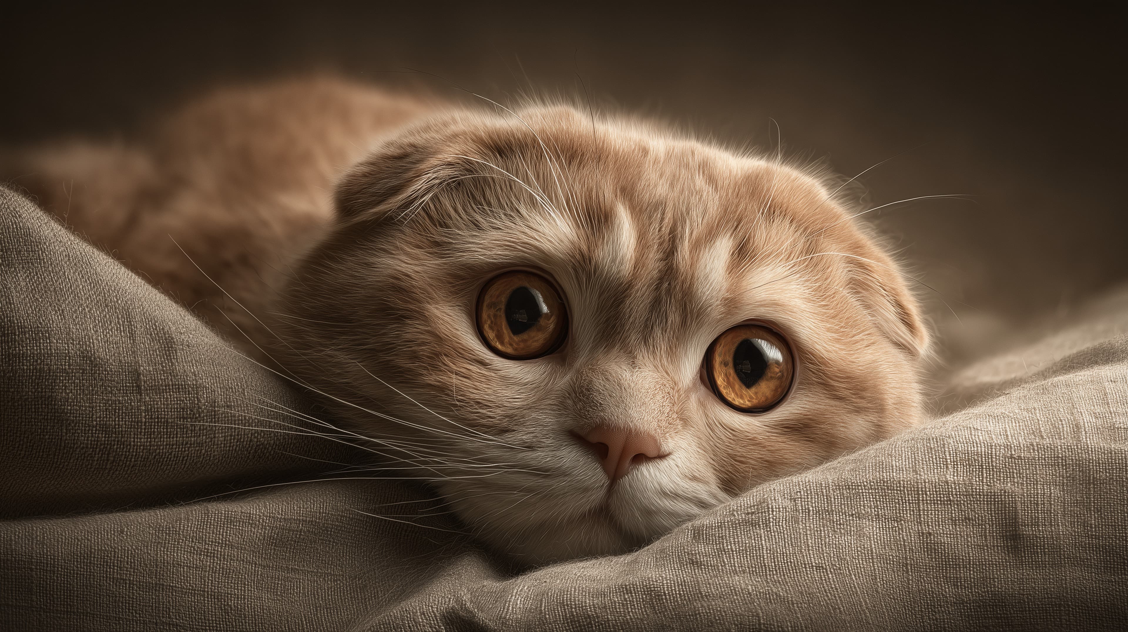 Cozy Cat Portrait: Soft Beige Fur, Large Amber Eyes, Snug Moment - High Resolution cat-portrait Wallpaper for Mobile and Desktop