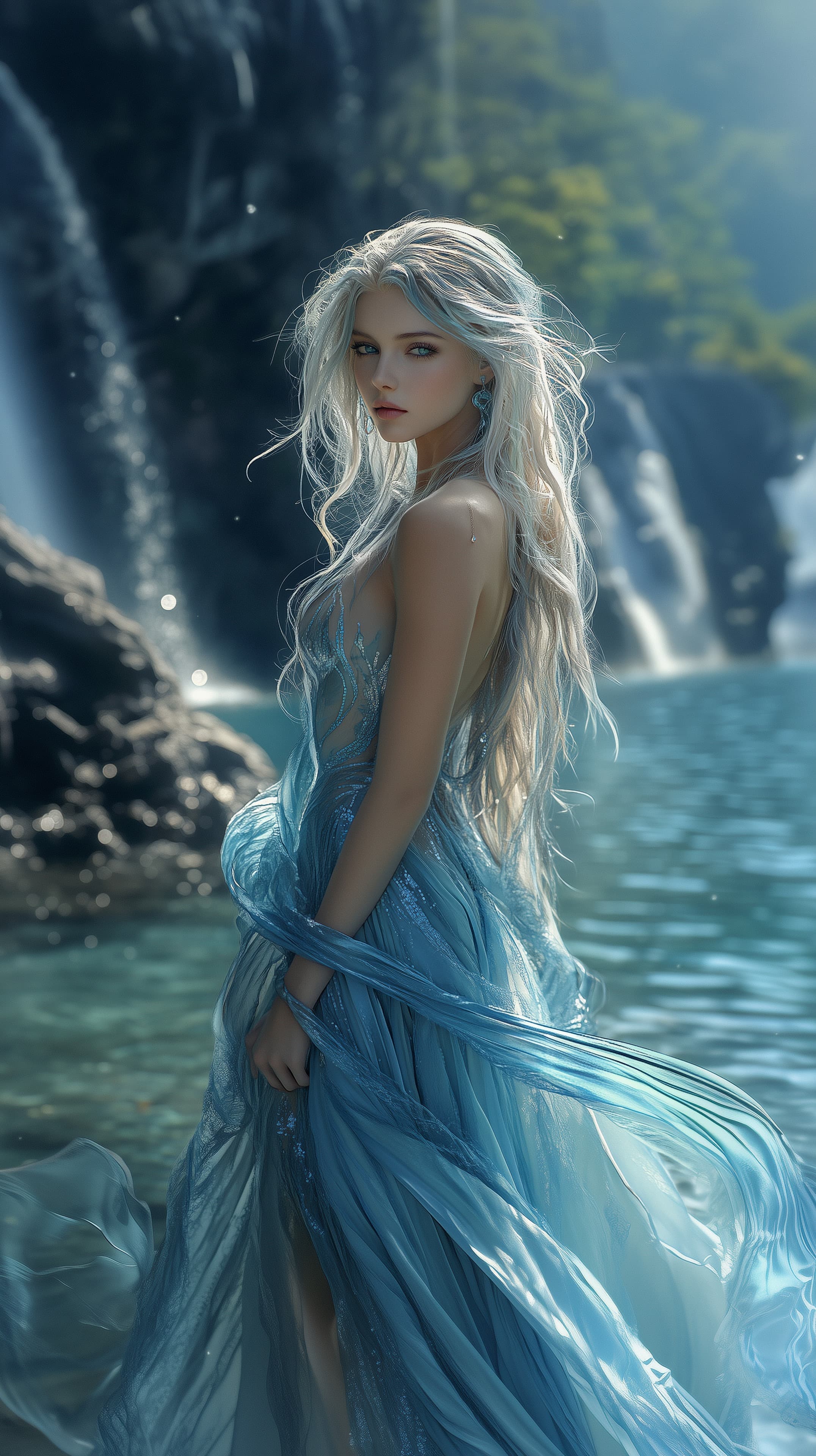 Ethereal Blue Gown by Cascading Waterfall - Fantasy Wallpaper - High Resolution blue-dress Wallpaper for Mobile and Desktop