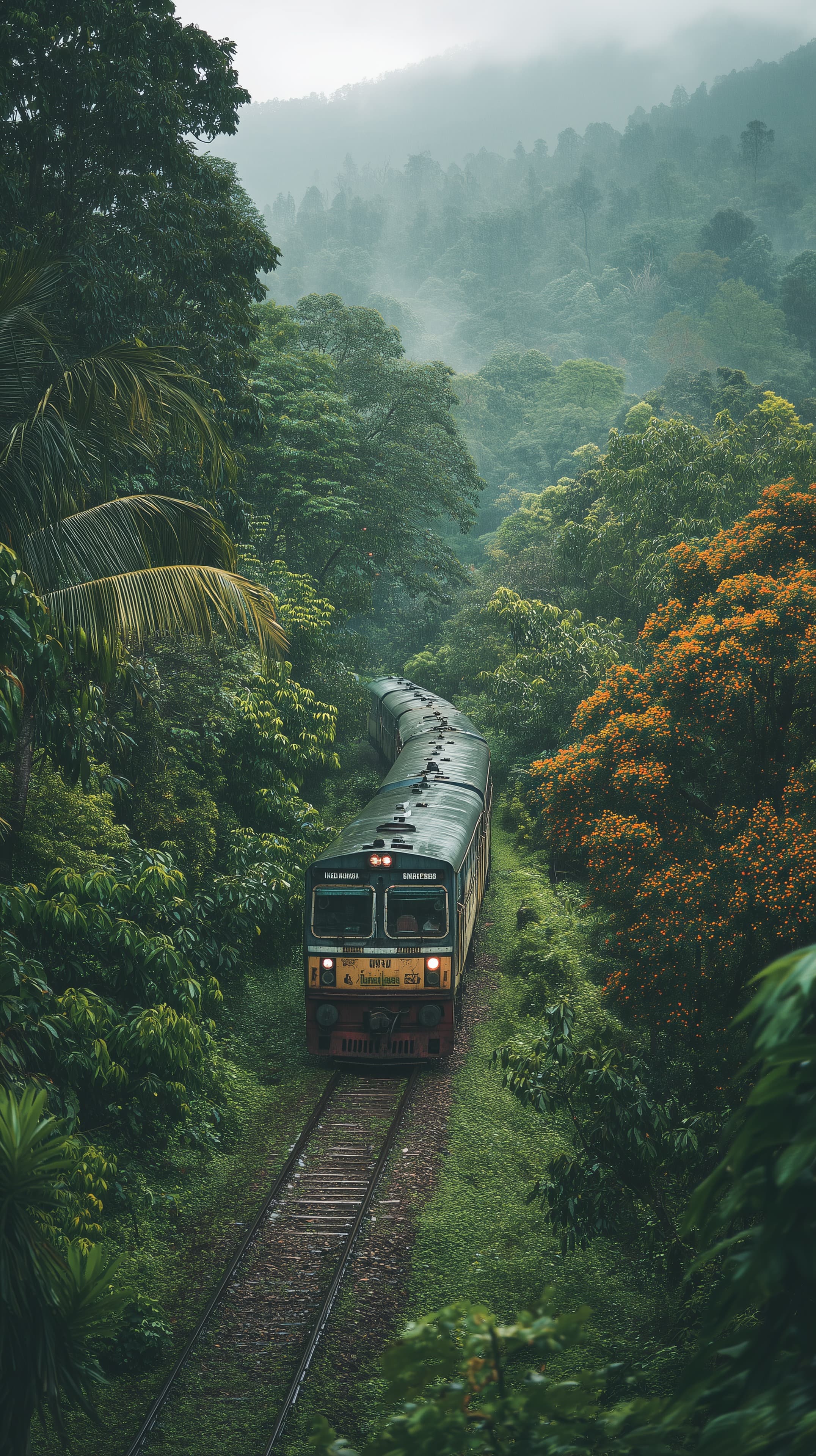 Ephemeral Rainforest Train Journey Through Misty Green Jungle - High Resolution jungle Wallpaper for Mobile and Desktop