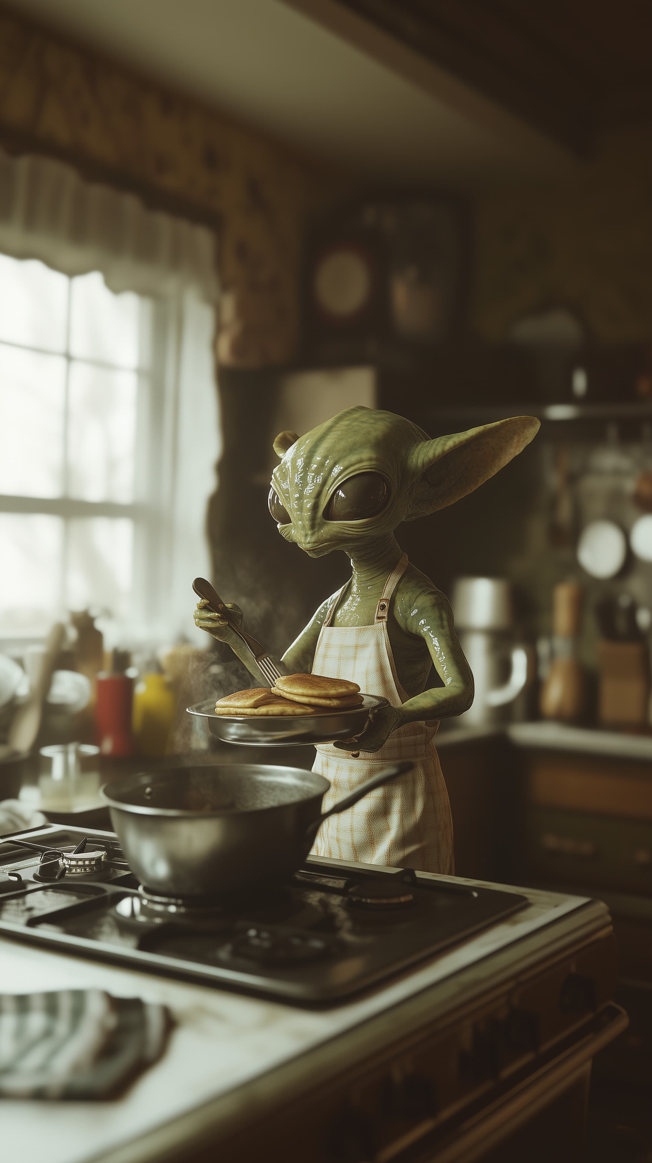 Whimsical Green Alien Chef Cooking Pancakes in Cozy Kitchen - High Resolution alien Wallpaper for Mobile and Desktop