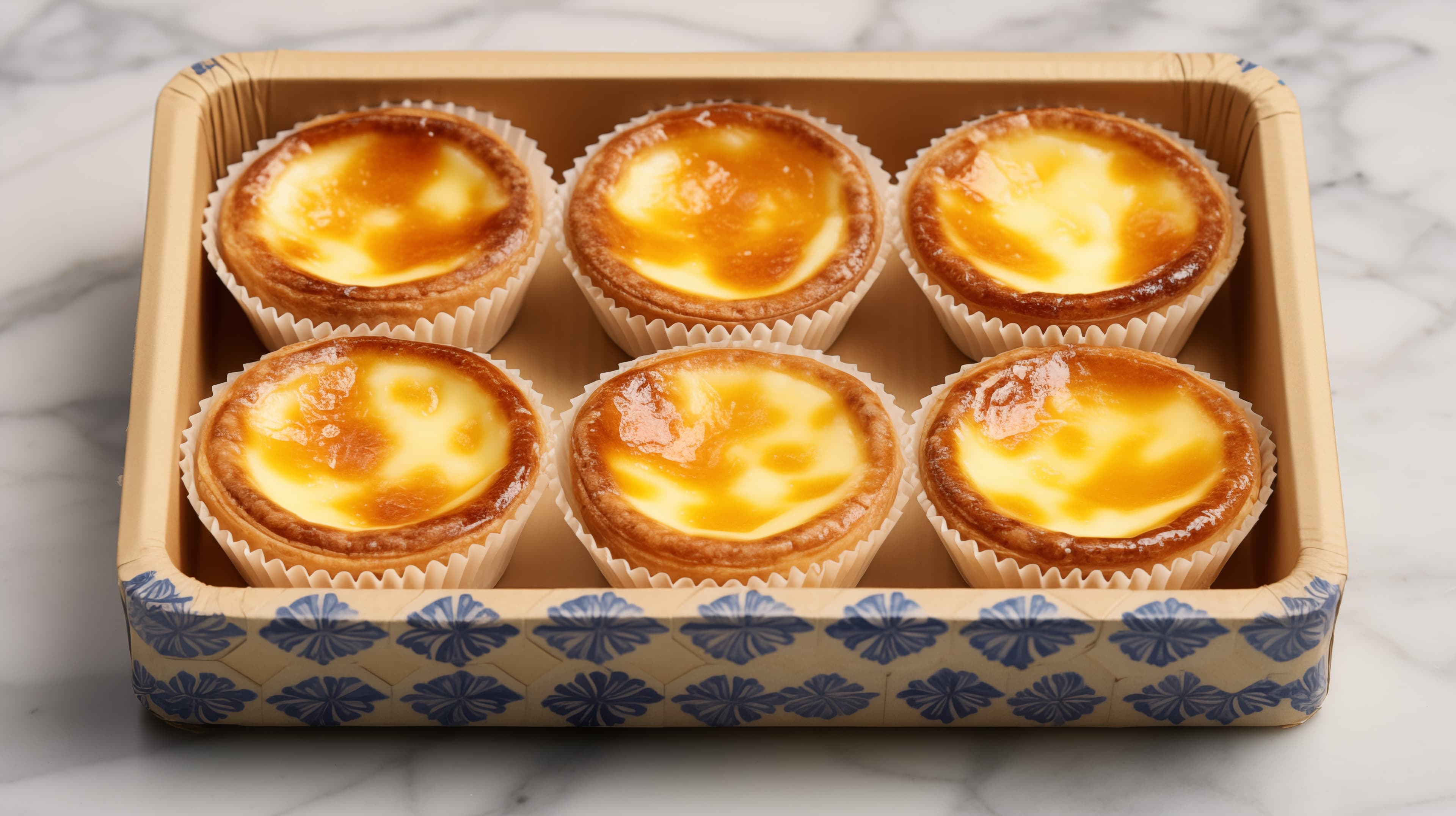 Six Creamy Custard Tarts in a Floral-Pattern Box – Food Wallpaper - High Resolution bakery Wallpaper for Mobile and Desktop