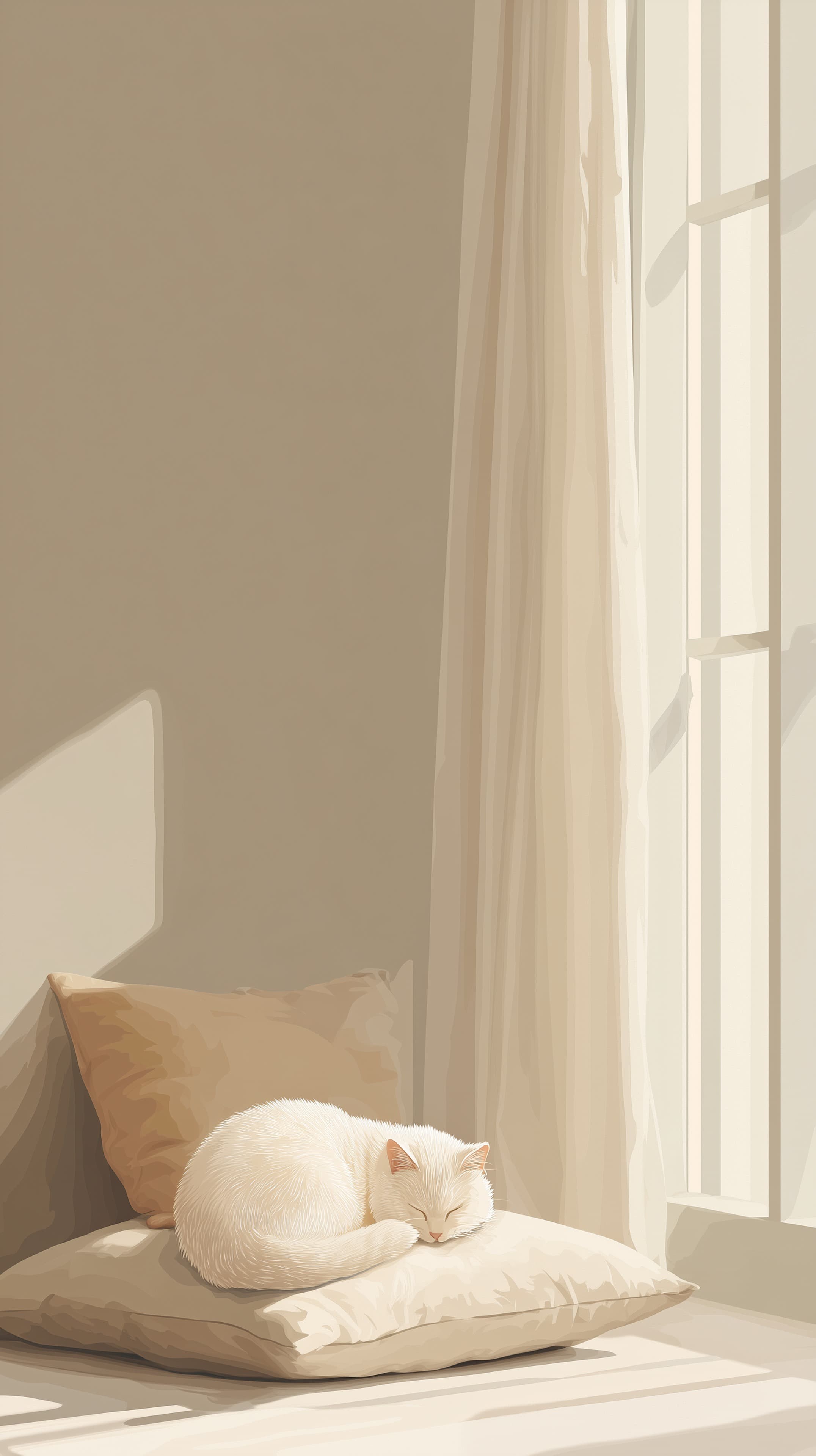 Sunlit Beige Window Nook with Sleeping Cat Wallpaper - High Resolution beige Wallpaper for Mobile and Desktop