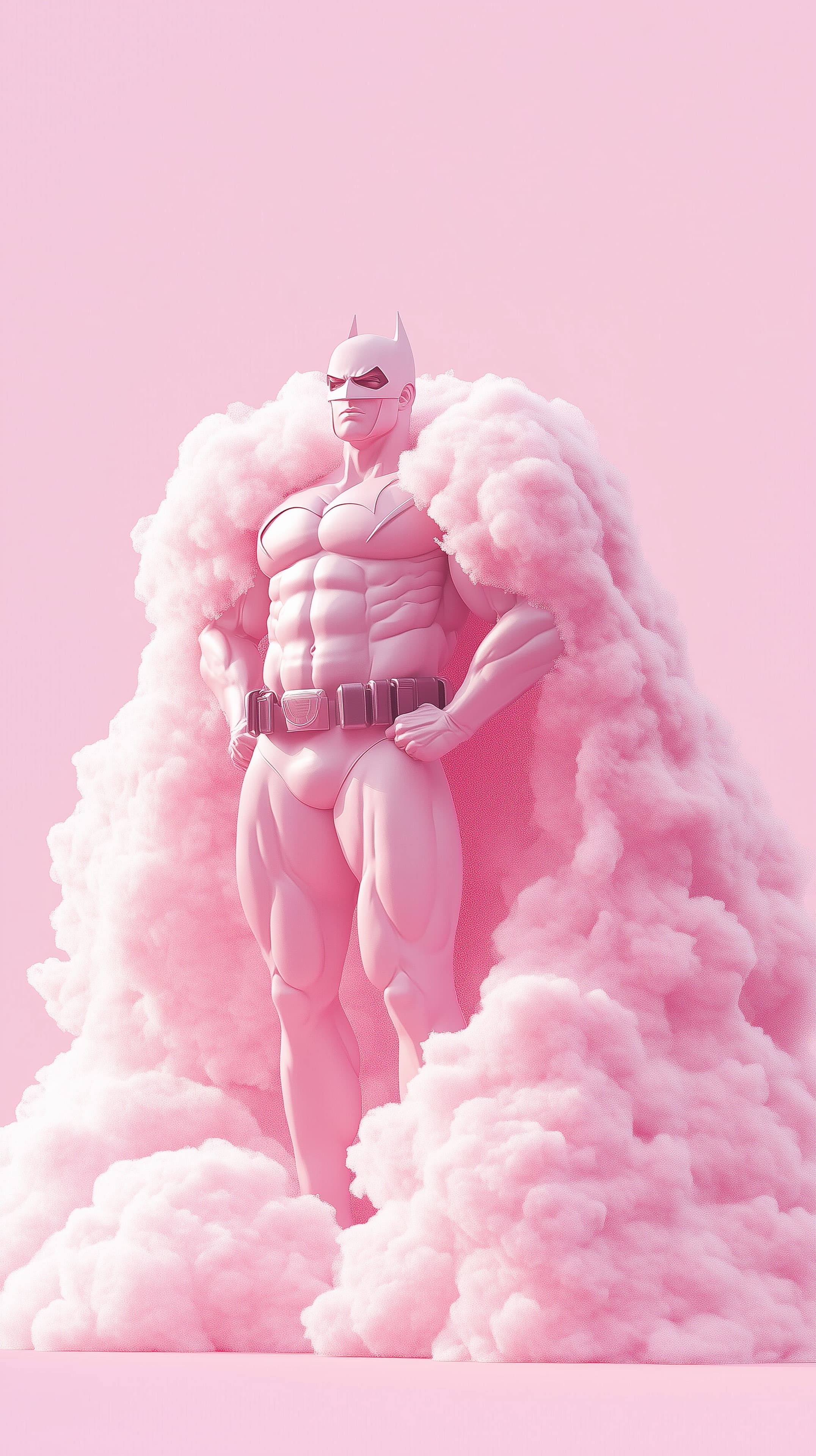 Pink Cloudbound Superhero Stands Amid Soft Pink Clouds - High Resolution 3d-character Wallpaper for Mobile and Desktop
