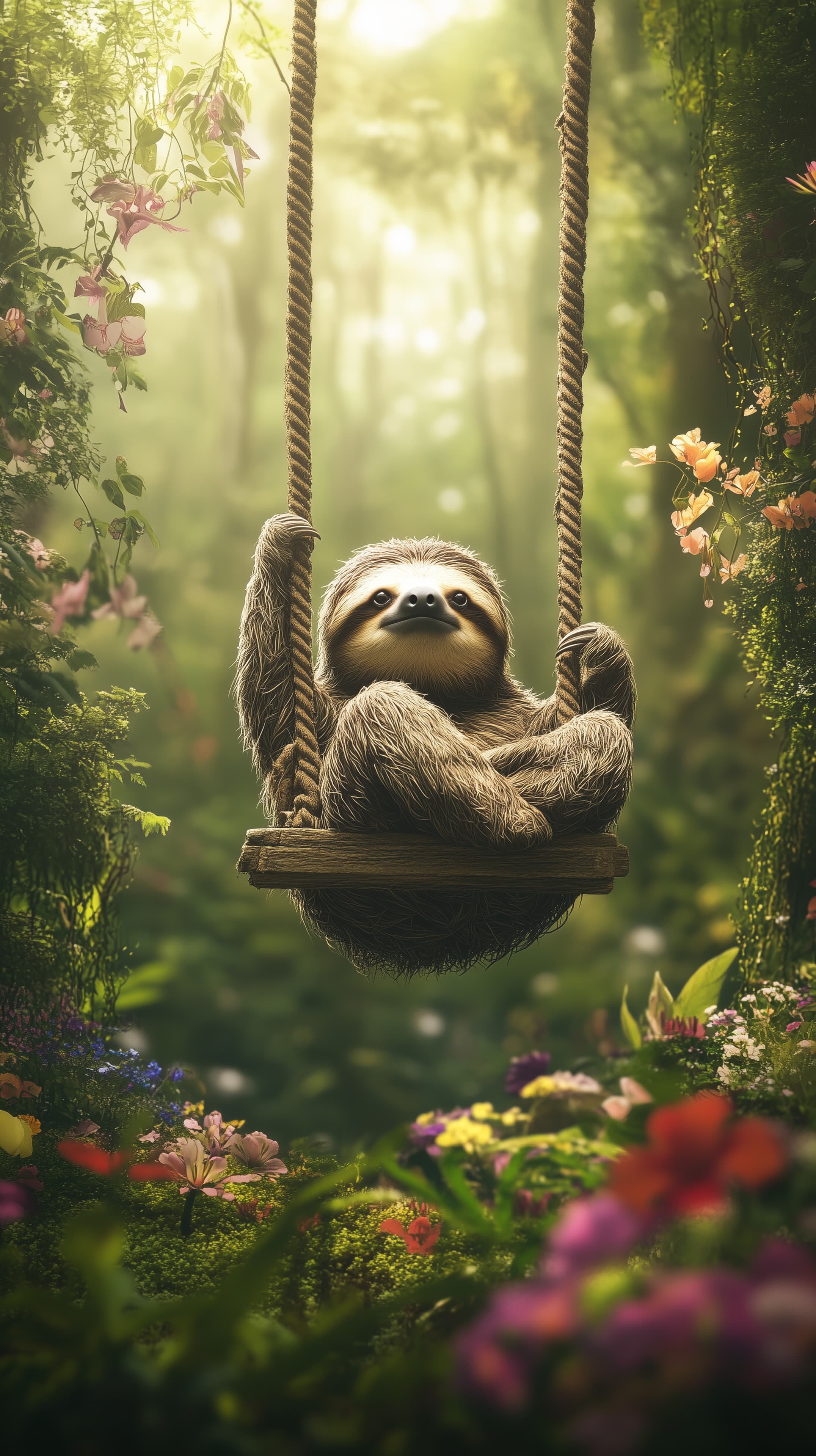 Whimsical Sloth on a Cozy Swing in a Sunlit Blooming Forest - High Resolution cute-animal Wallpaper for Mobile and Desktop