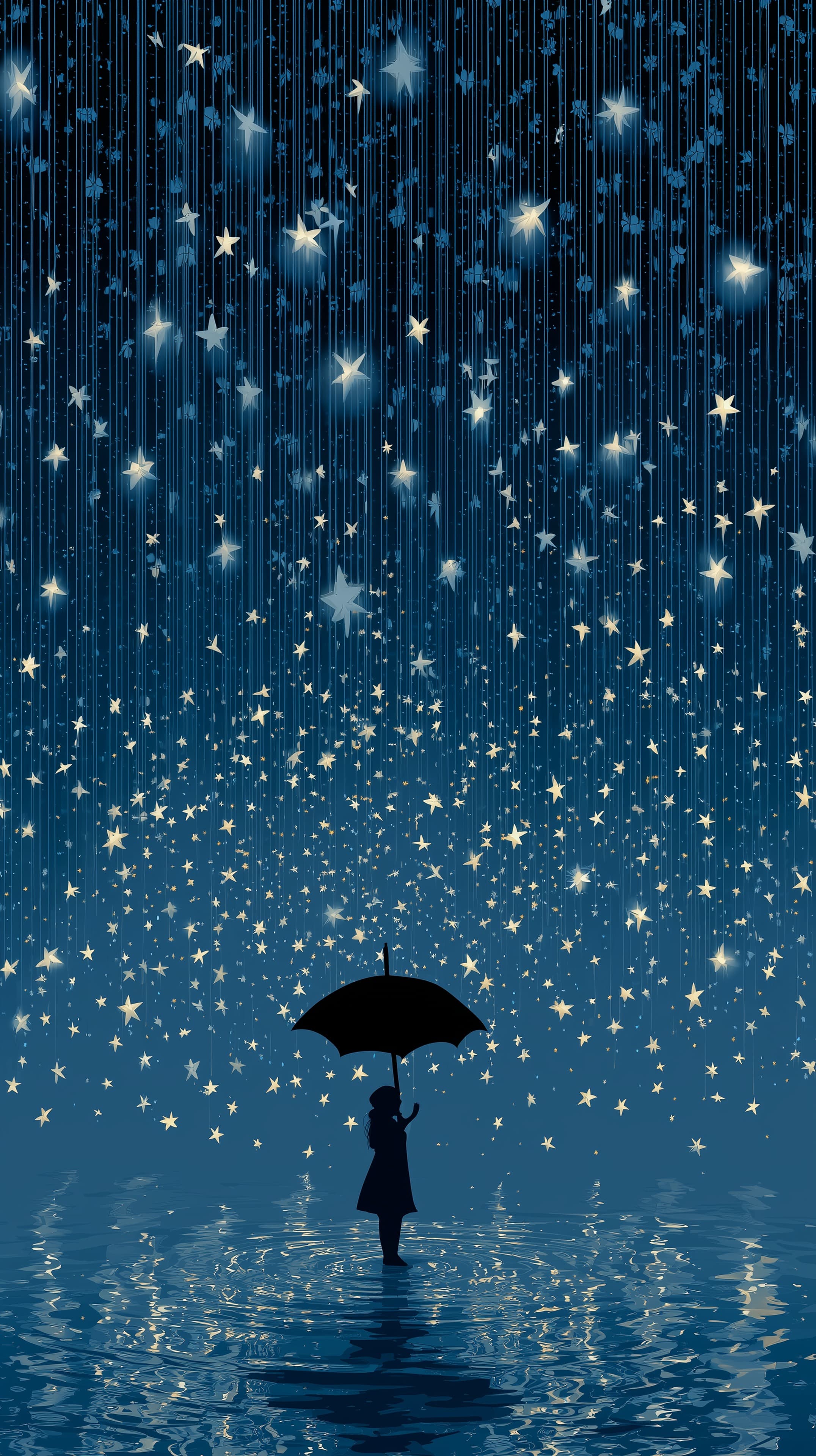 Dreamy Night Sky with Star Rain and Umbrella Silhouette - High Resolution blue-gradient Wallpaper for Mobile and Desktop