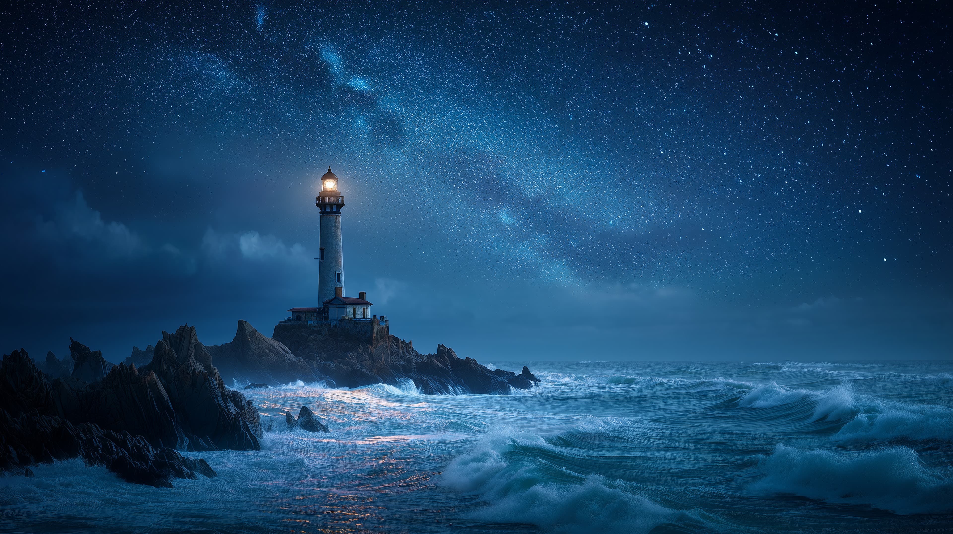 Nighttime Lighthouse on Rugged Coast Under Starry Sky - High Resolution coast Wallpaper for Mobile and Desktop