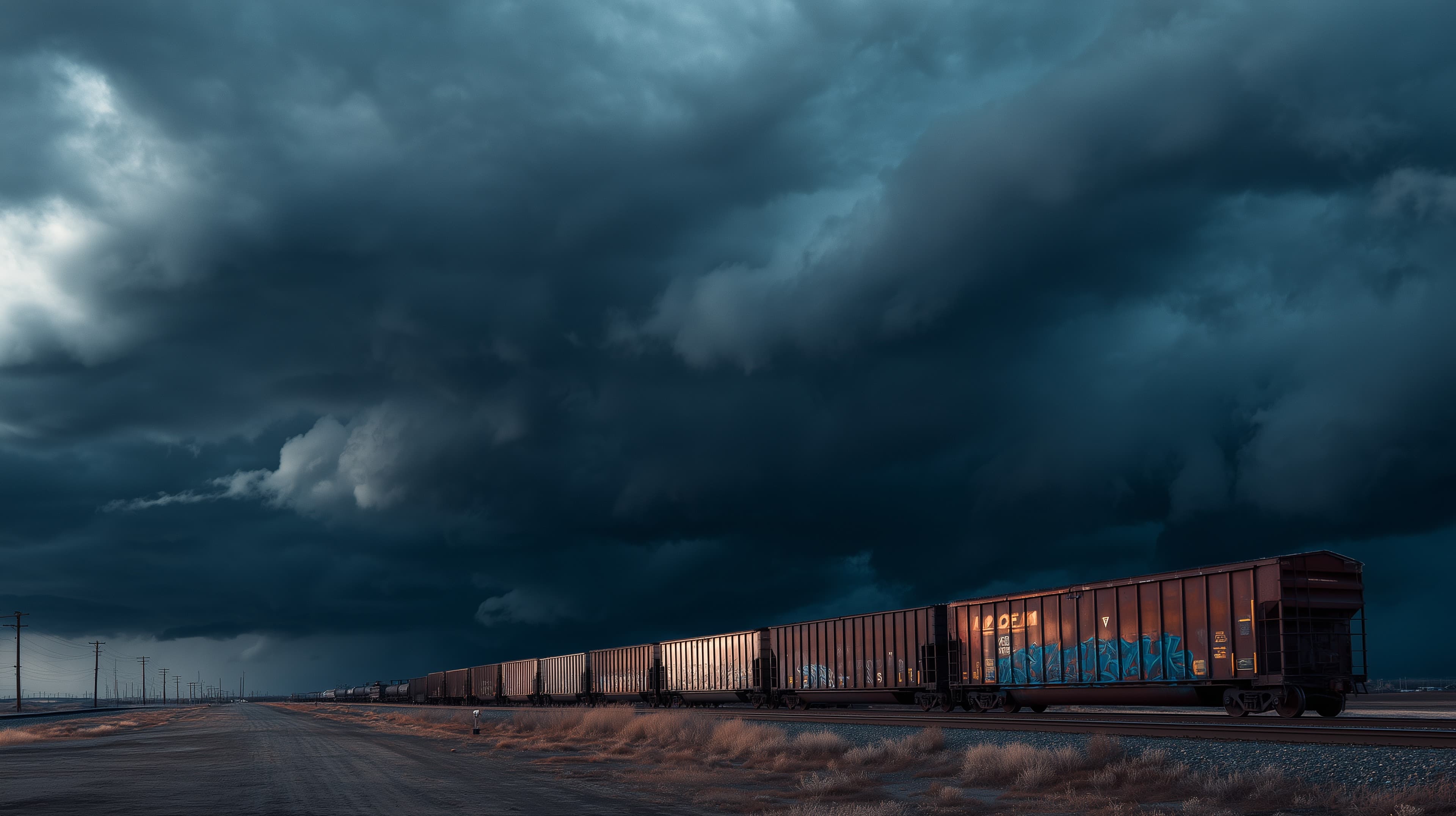 Stormy Sky Over a Long Freight Train on Desert Tracks - High Resolution cinematic Wallpaper for Mobile and Desktop