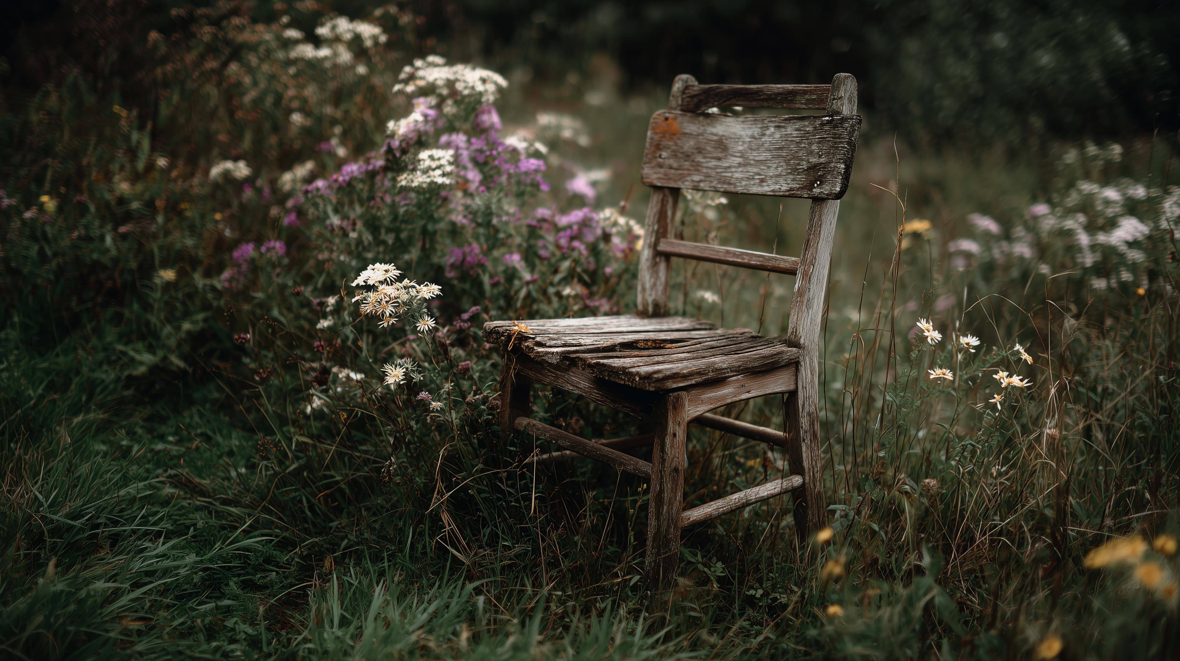 Rustic Weathered Chair in a Quiet Wildflower Meadow - High Resolution rustic-chair Wallpaper for Mobile and Desktop