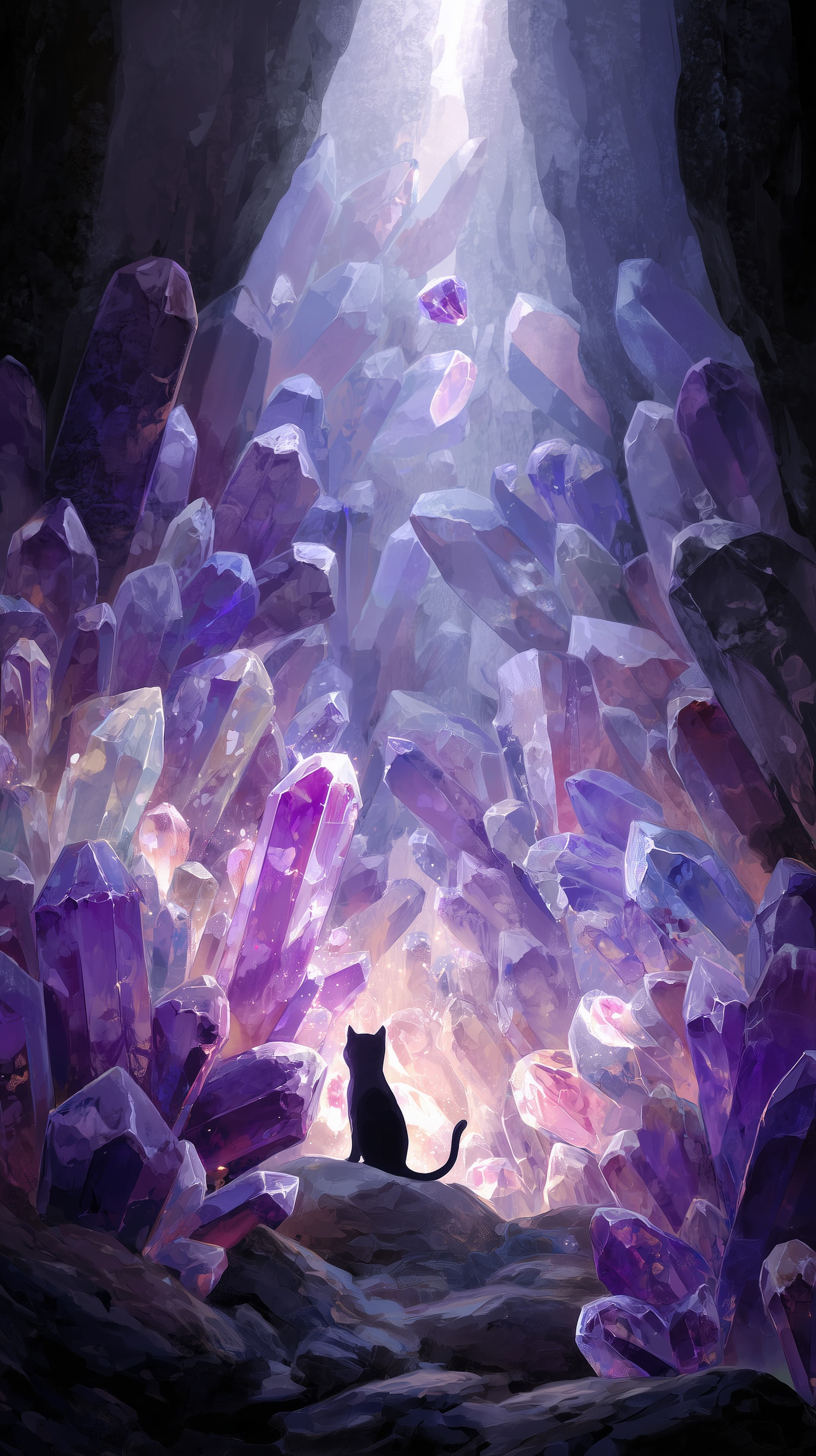 Mystical Purple Crystal Cavern with Cat Silhouette in Ethereal Glow - High Resolution cat-art Wallpaper for Mobile and Desktop