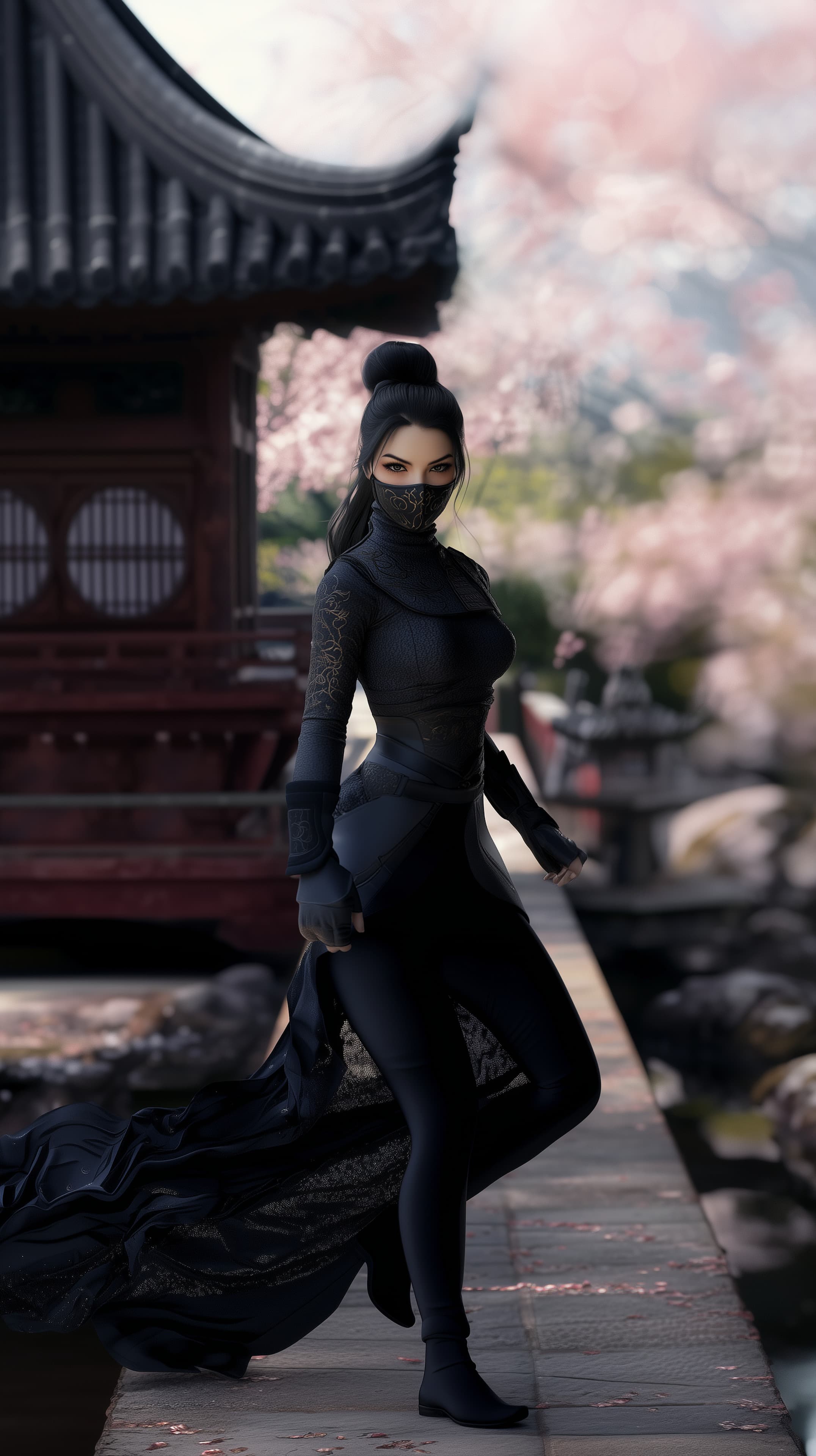 Dark Ninja Warrior in Velvet Cloak Amid Cherry Blossoms - High Resolution armor-details Wallpaper for Mobile and Desktop